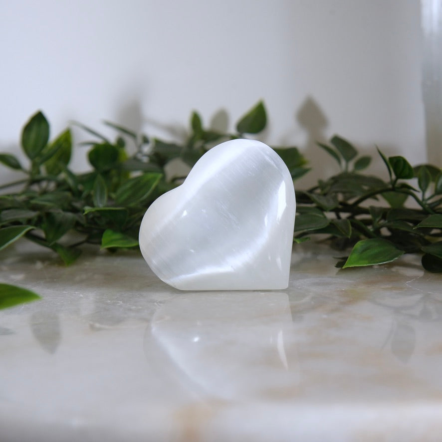 Selenite Heart Crystal Palm Stone 8cm