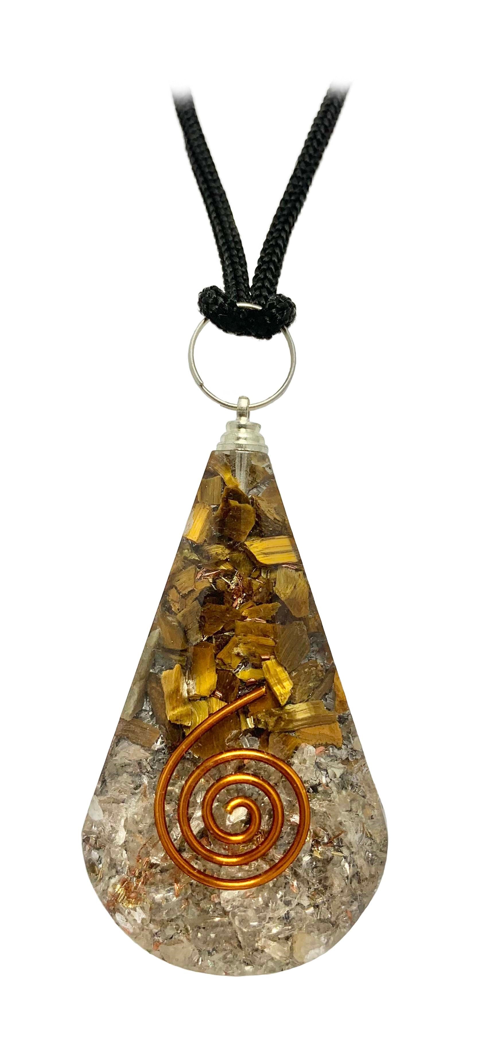 Tiger Eye Clear Quartz Copper Coil Tear Drop Orgonite Pendant