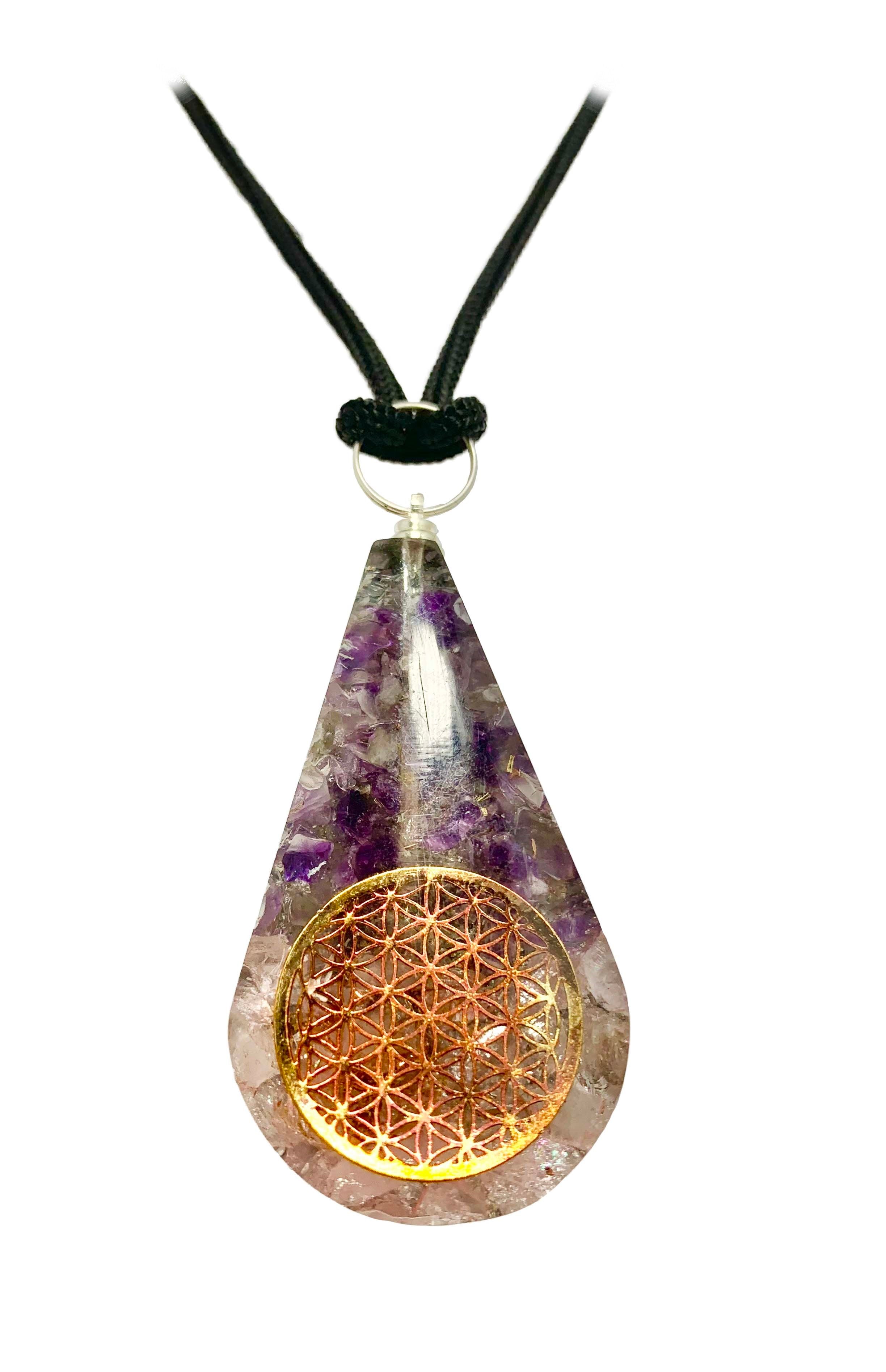 Amethyst Rose Quartz Flower of Life Tear Drop Orgonite Pendant