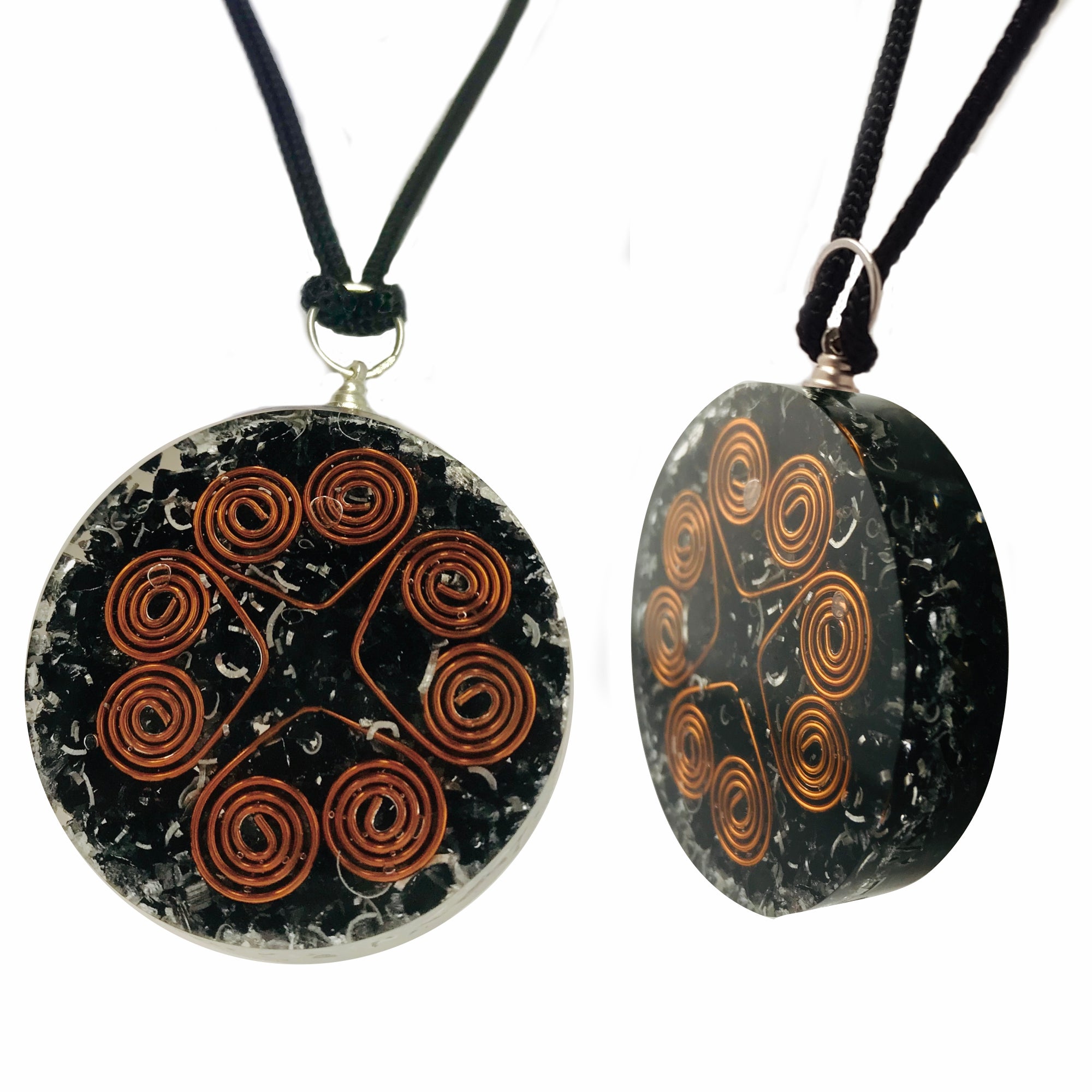 Black Tourmaline Heart Copper Coil Pendant Disc