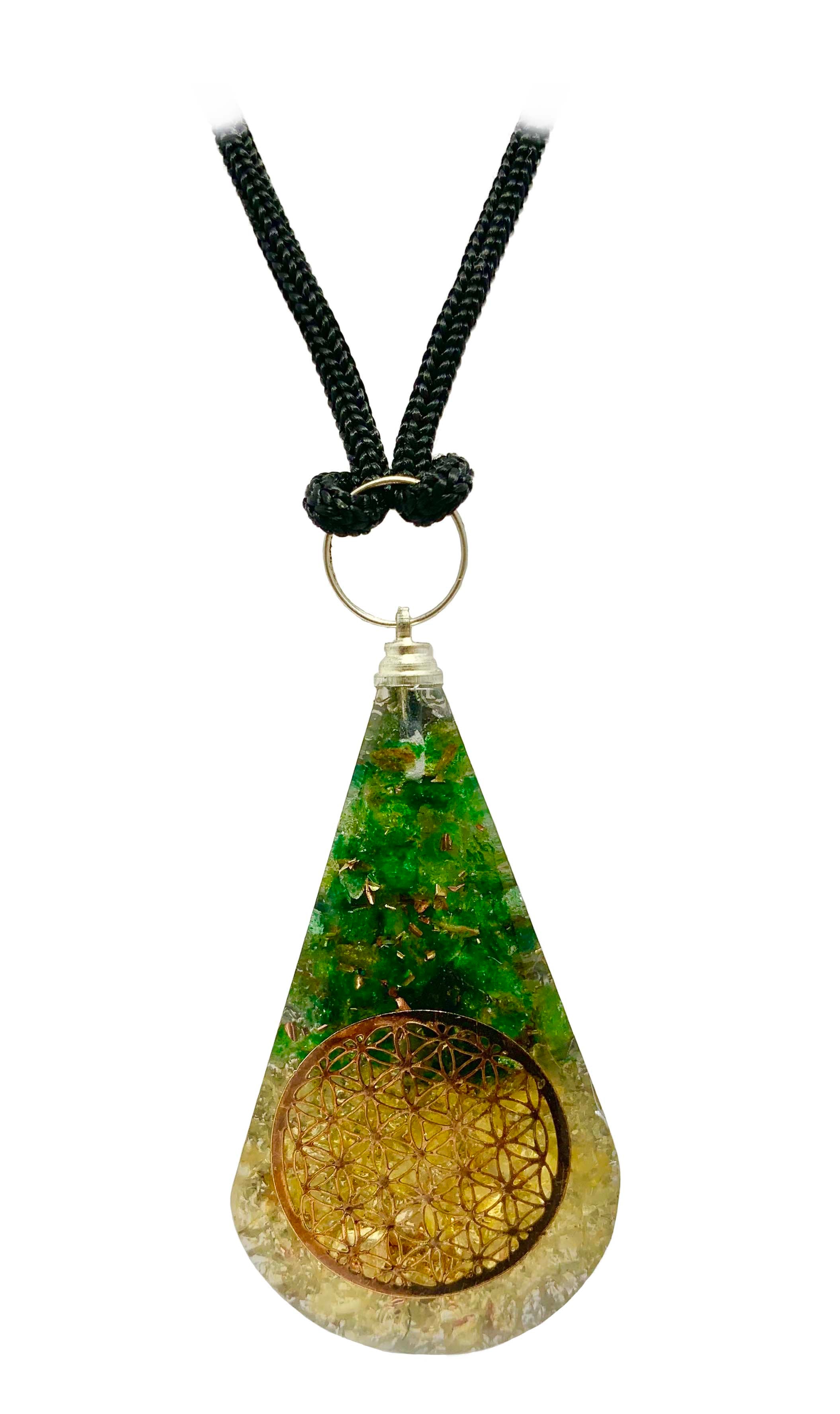 Citrine Green Aventurine Flower of Life Tear Drop Orgonite Pendant