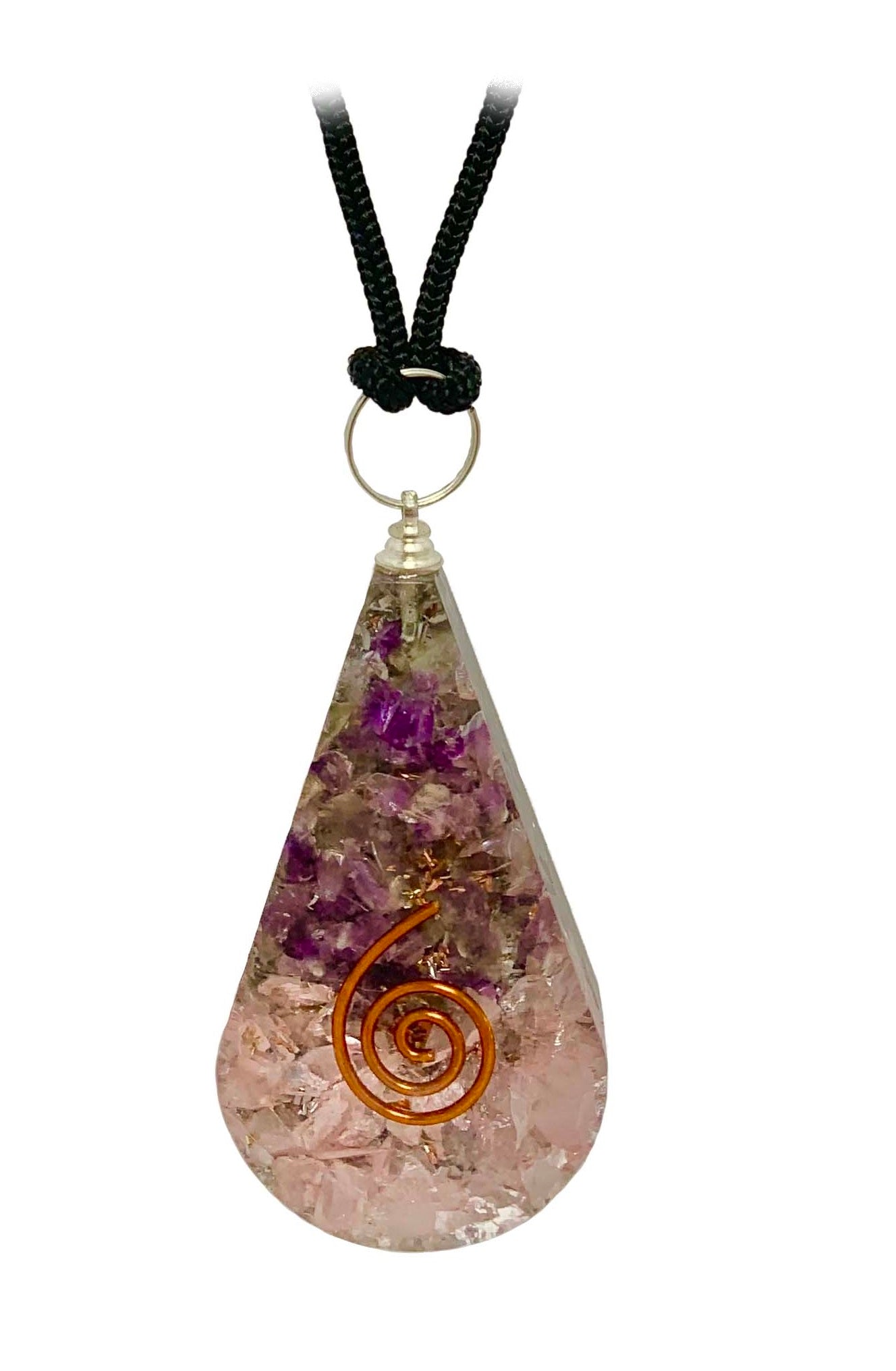 Amethyst Rose Quartz Copper Coil Tear Drop Orgonite Pendant