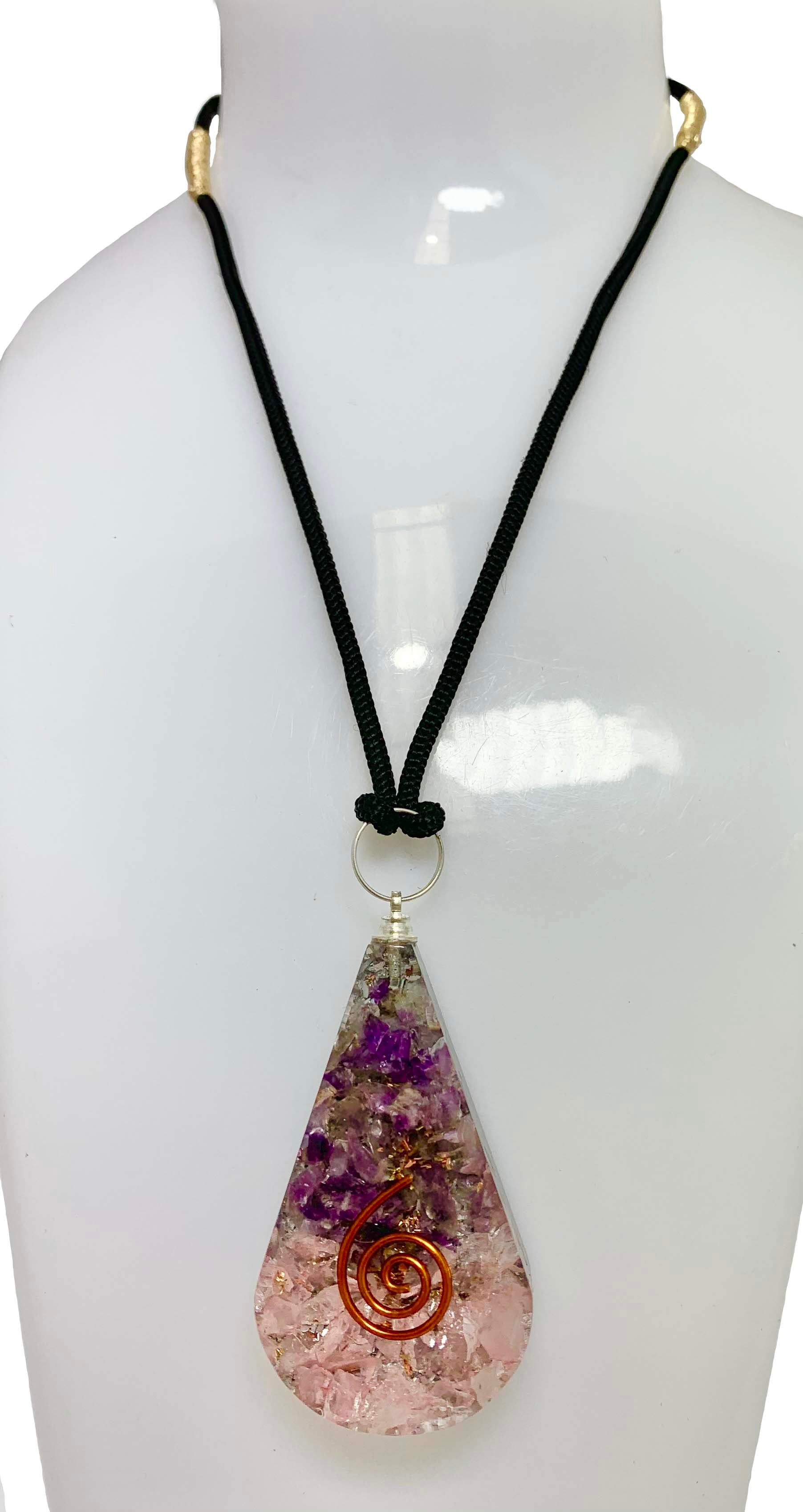 Amethyst Rose Quartz Copper Coil Tear Drop Orgonite Pendant