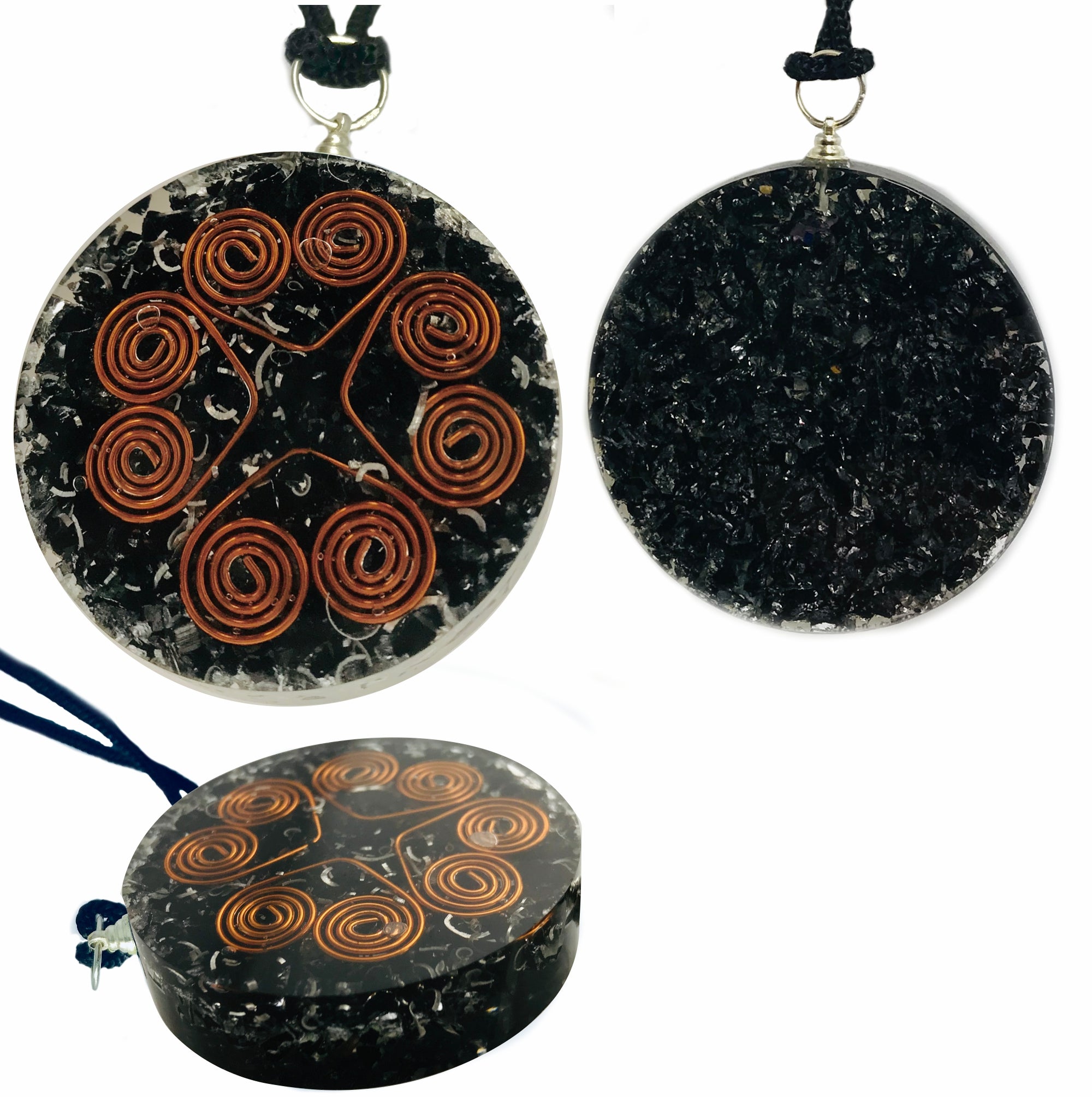 Black Tourmaline Heart Copper Coil Pendant Disc