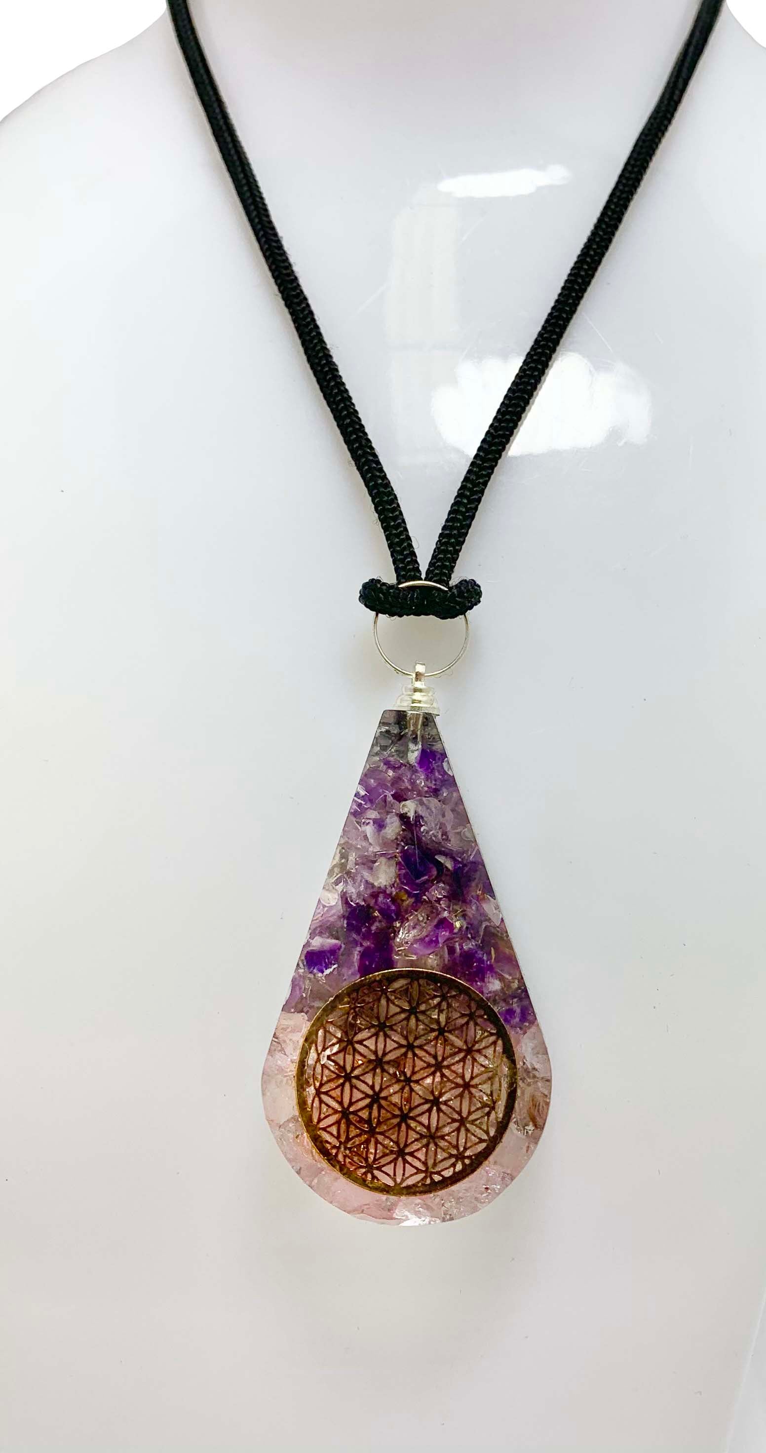 Amethyst Rose Quartz Flower of Life Tear Drop Orgonite Pendant