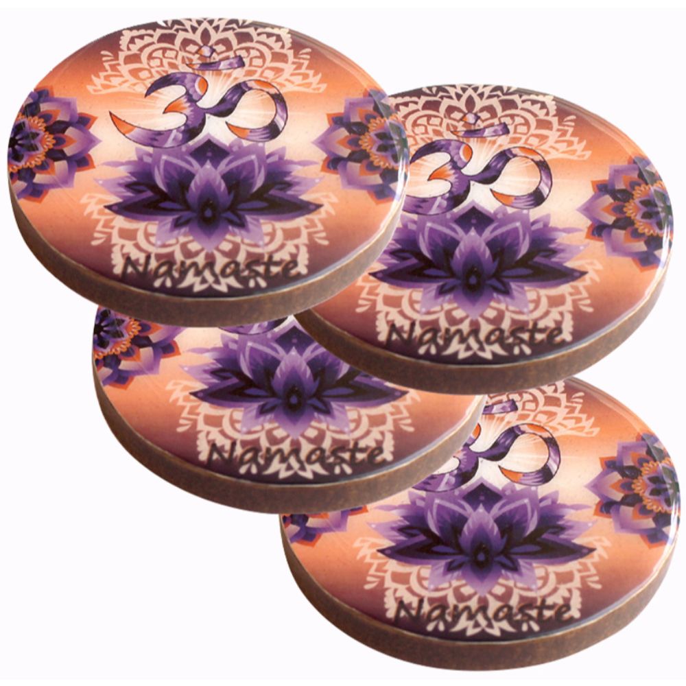 OM Lotus Flower Print Wood Coasters ( Set of 4 )