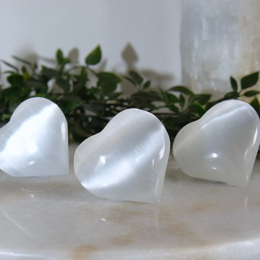 Selenite Heart Crystal Palm Stone 8cm