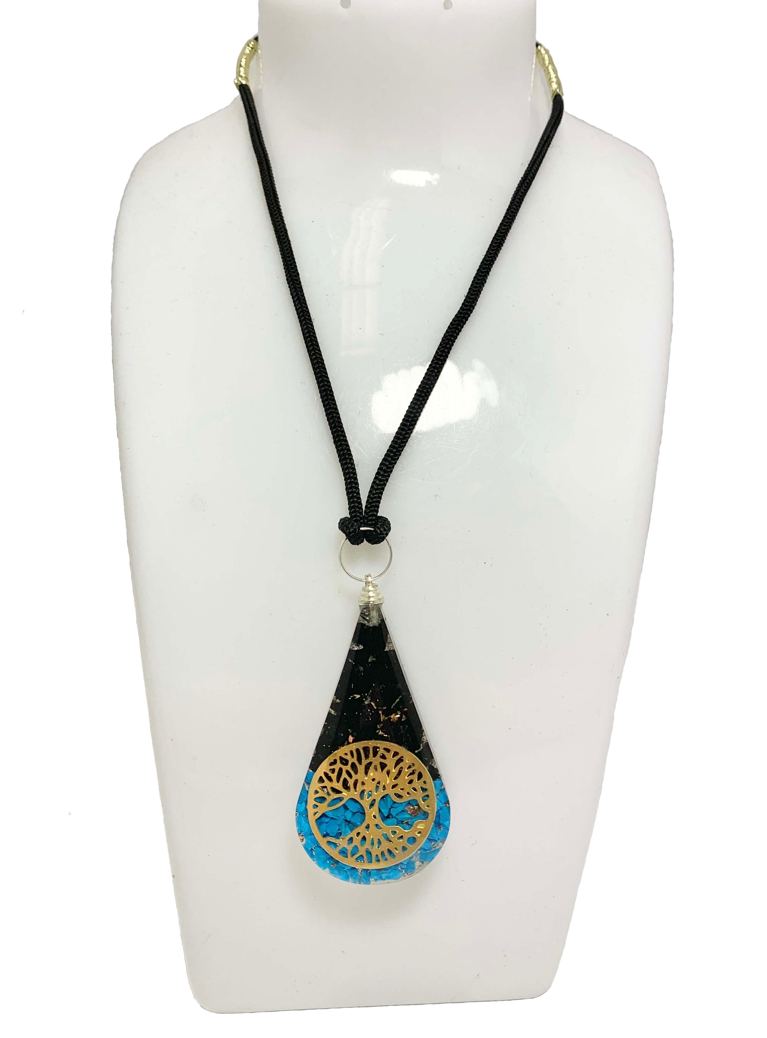 Black Tourmaline Turquoise Tree of Life Tear Drop Orgonite Pendant