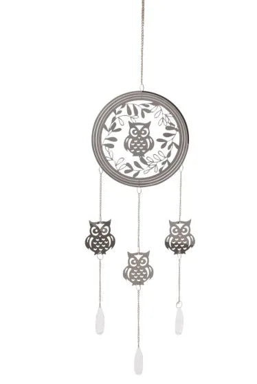 Silver Wind Chime 3 Small Owls Hanging Crystal - Owl