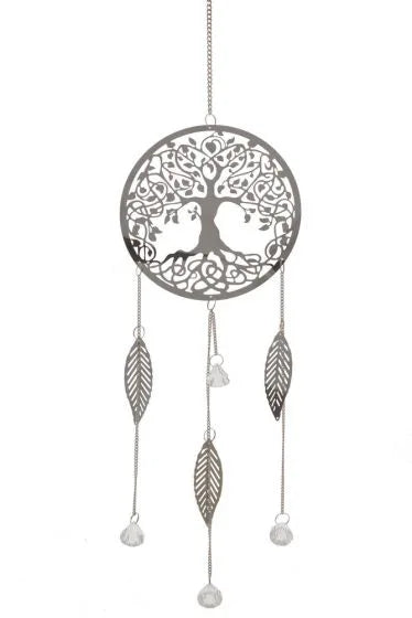 Silver Wind Chime 3 Small Leaves Hanging Crystal - Tree of Life