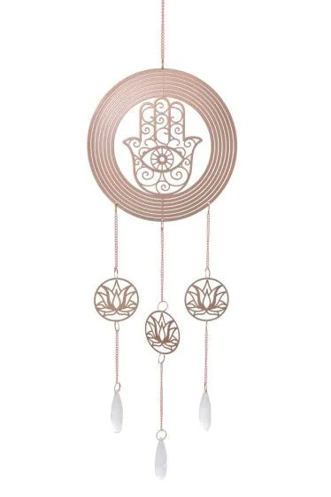 Rose Gold Spiral Wind Chime Hanging Crystal Charm - Hamsa and Lutus Flower