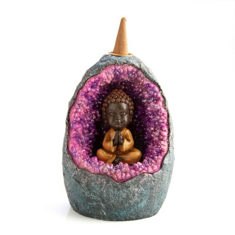 Baby Buddha Meditating Geode LED Light Backflow Cone Incense Burner Holder