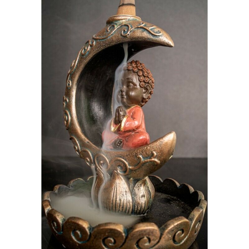 Baby buddha on the Moon Blackflow Smoke Incense Burner Cones Holder