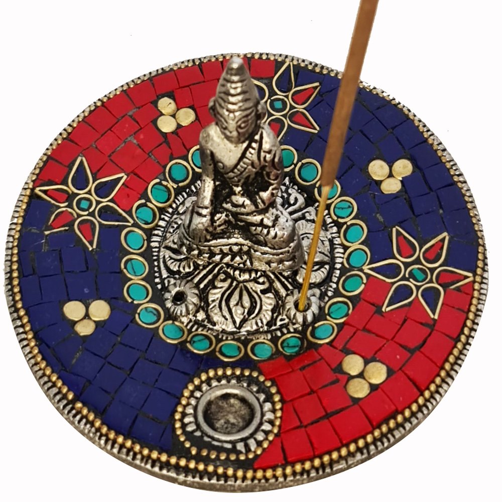 Buddha Round Aluminium Stick / Cone Incense Burner Blue/Red