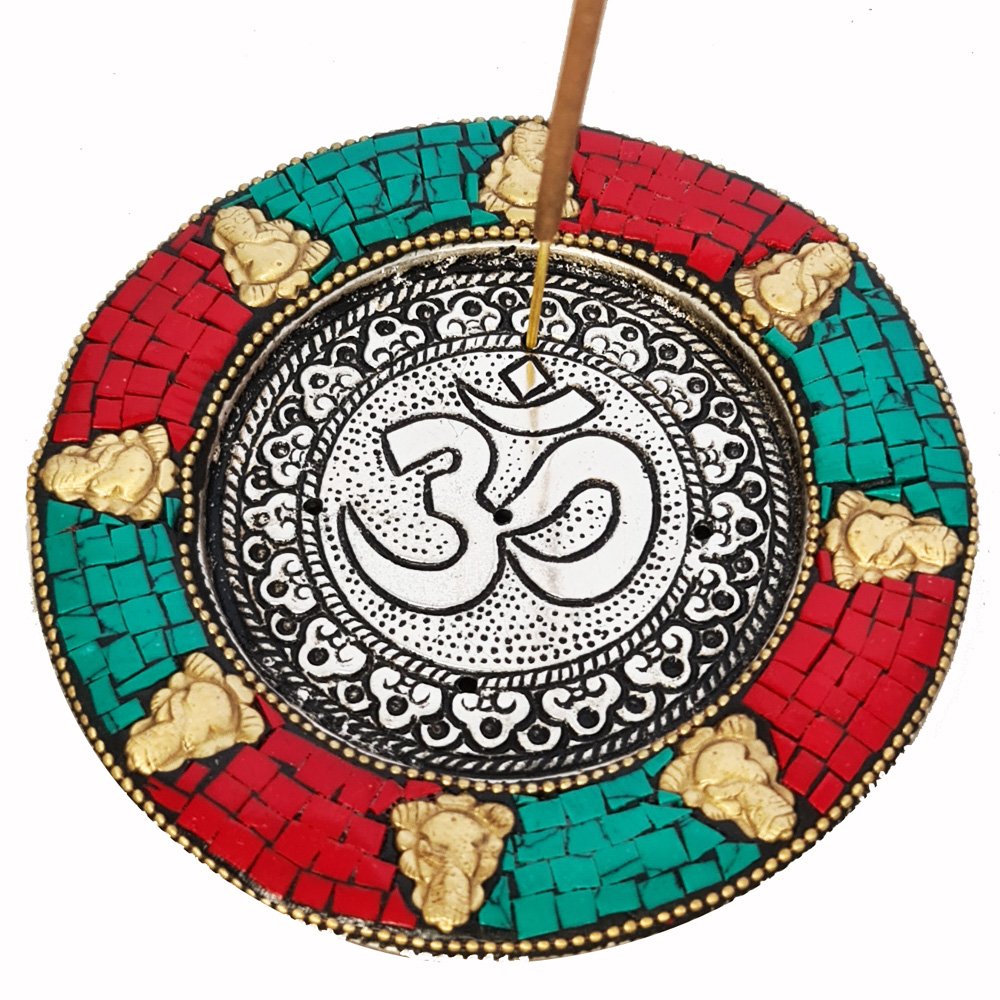 Om Ganesh Round Aluminium Stick Incense Burner 10cm