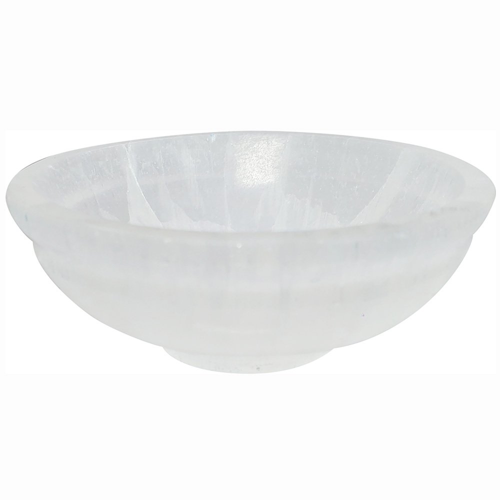 Round Selenite Display Bowl with Curves Crystals Jewelry Dish Holder 10cm