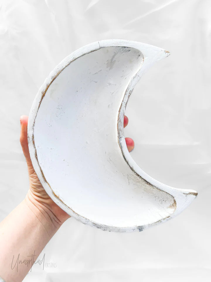 White Wash Wooden Crescent Moon Dish Bowl 20cm