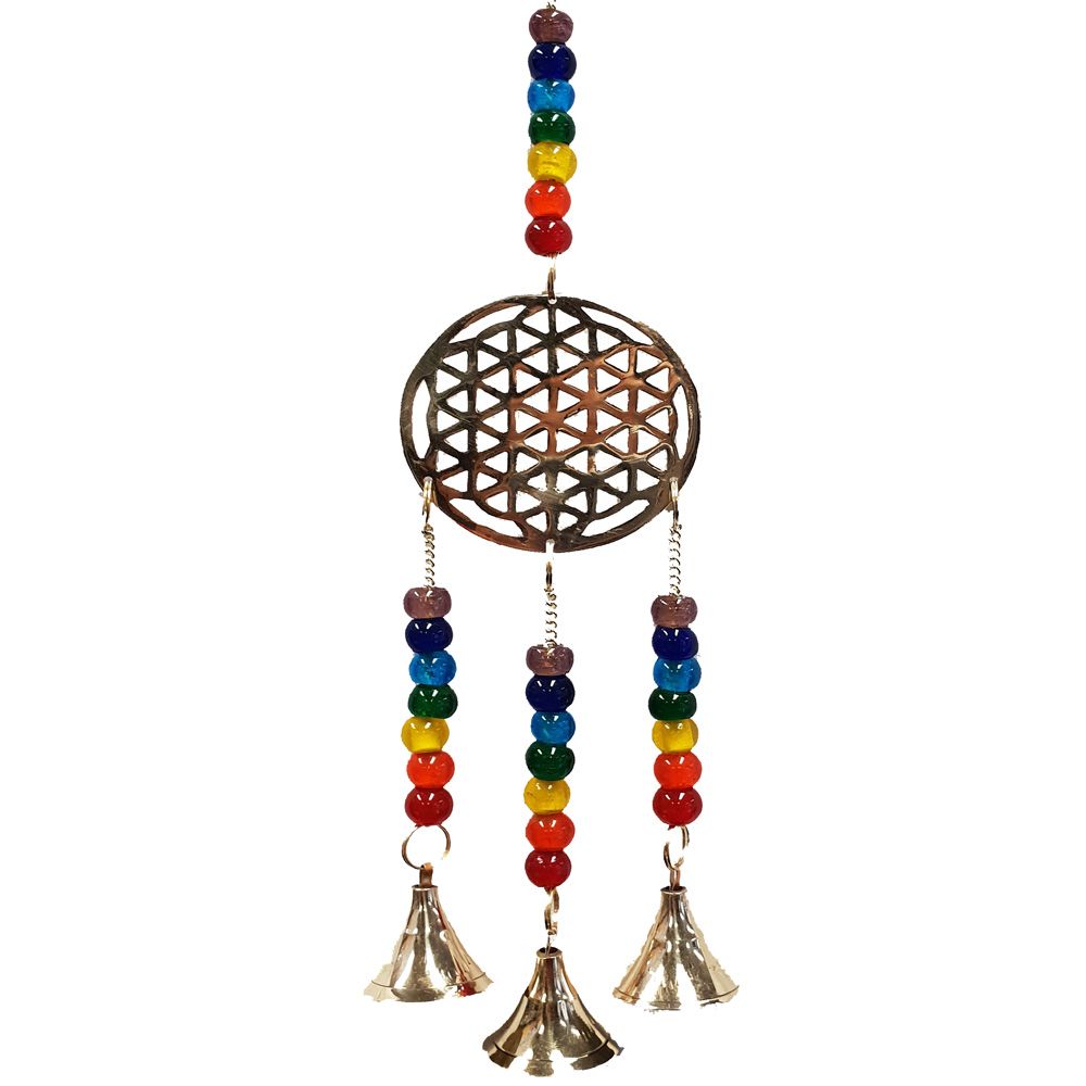 Flower of Life Chakra Brass Hanging Bell Wind Chime Wicca Symbol Metaphysical