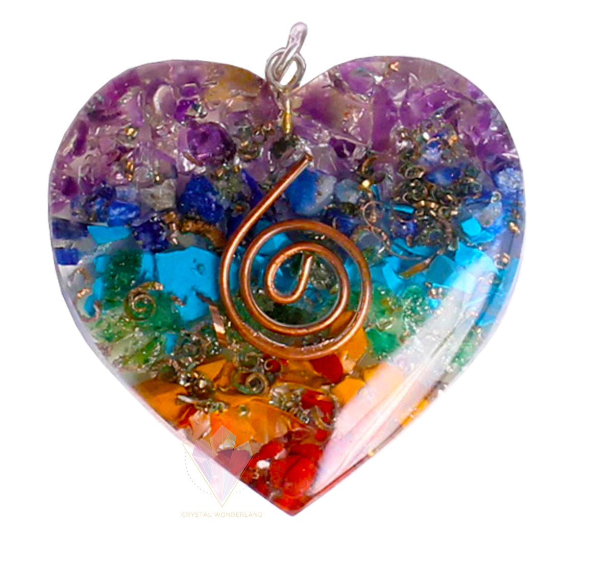 7 Chakras Necklace Orgonite Pendant Heart Shape Dual Copper Coil Big