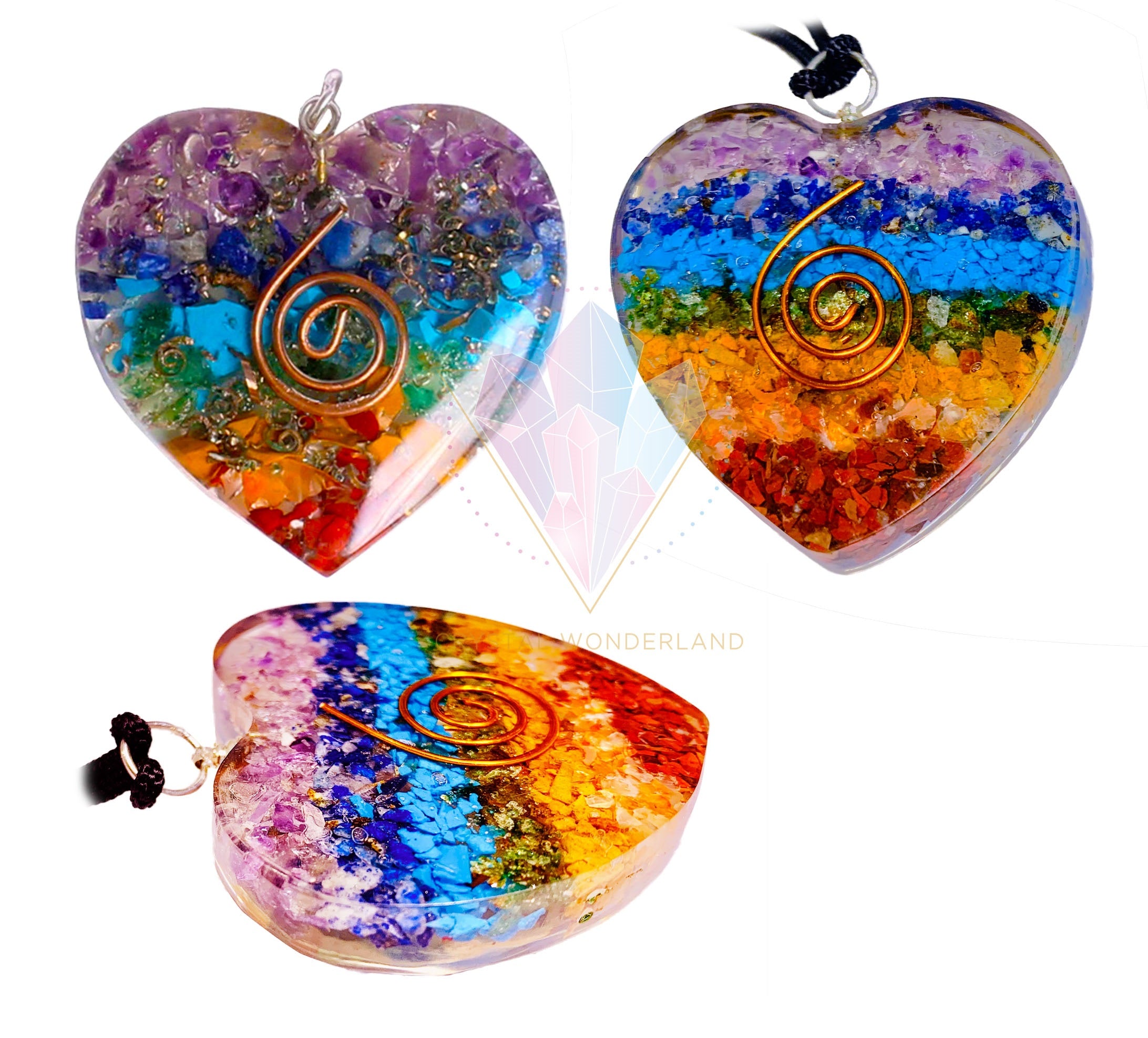 7 Chakras Necklace Orgonite Pendant Heart Shape Dual Copper Coil Big