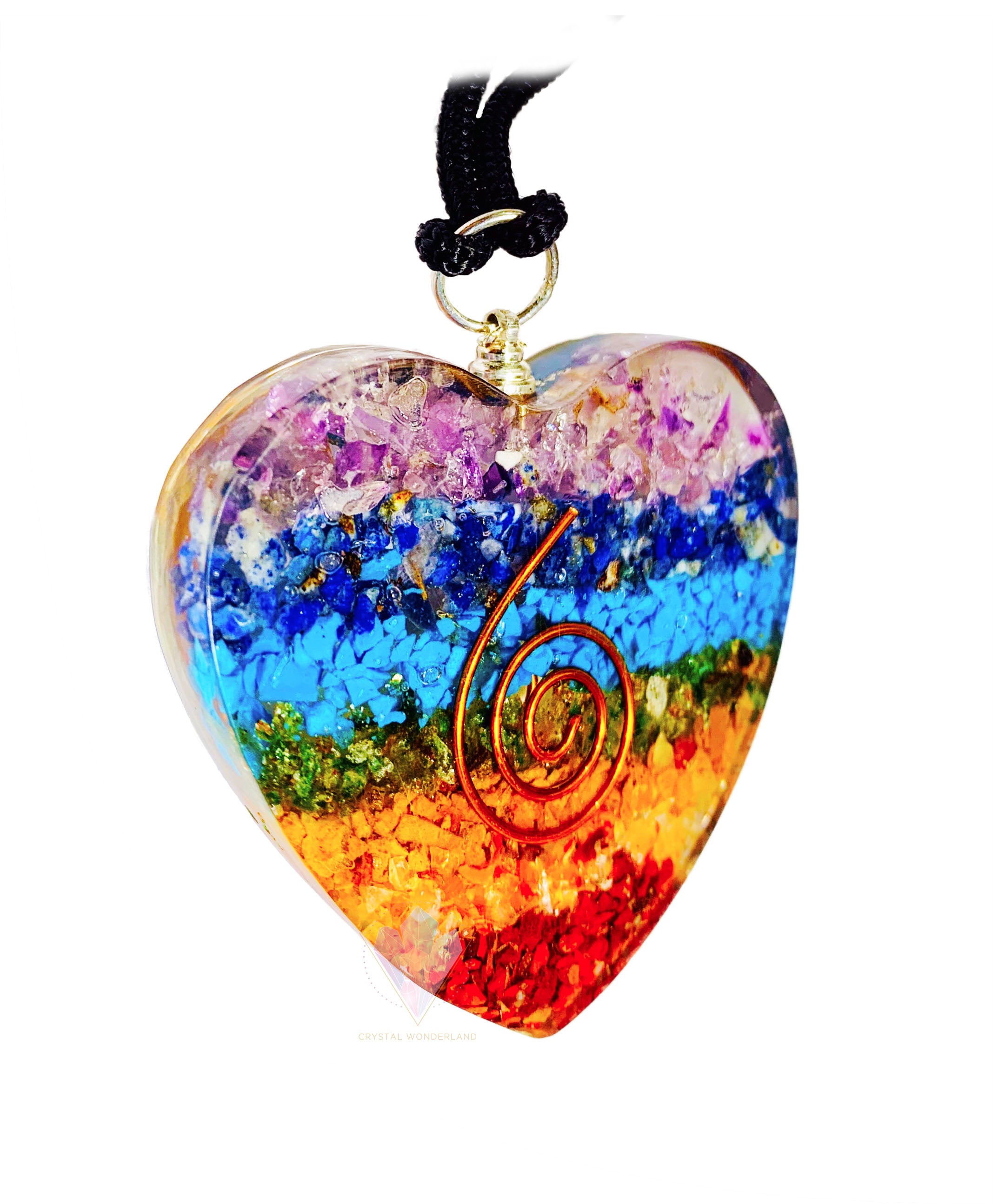 7 Chakras Necklace Orgonite Pendant Heart Shape Dual Copper Coil Big