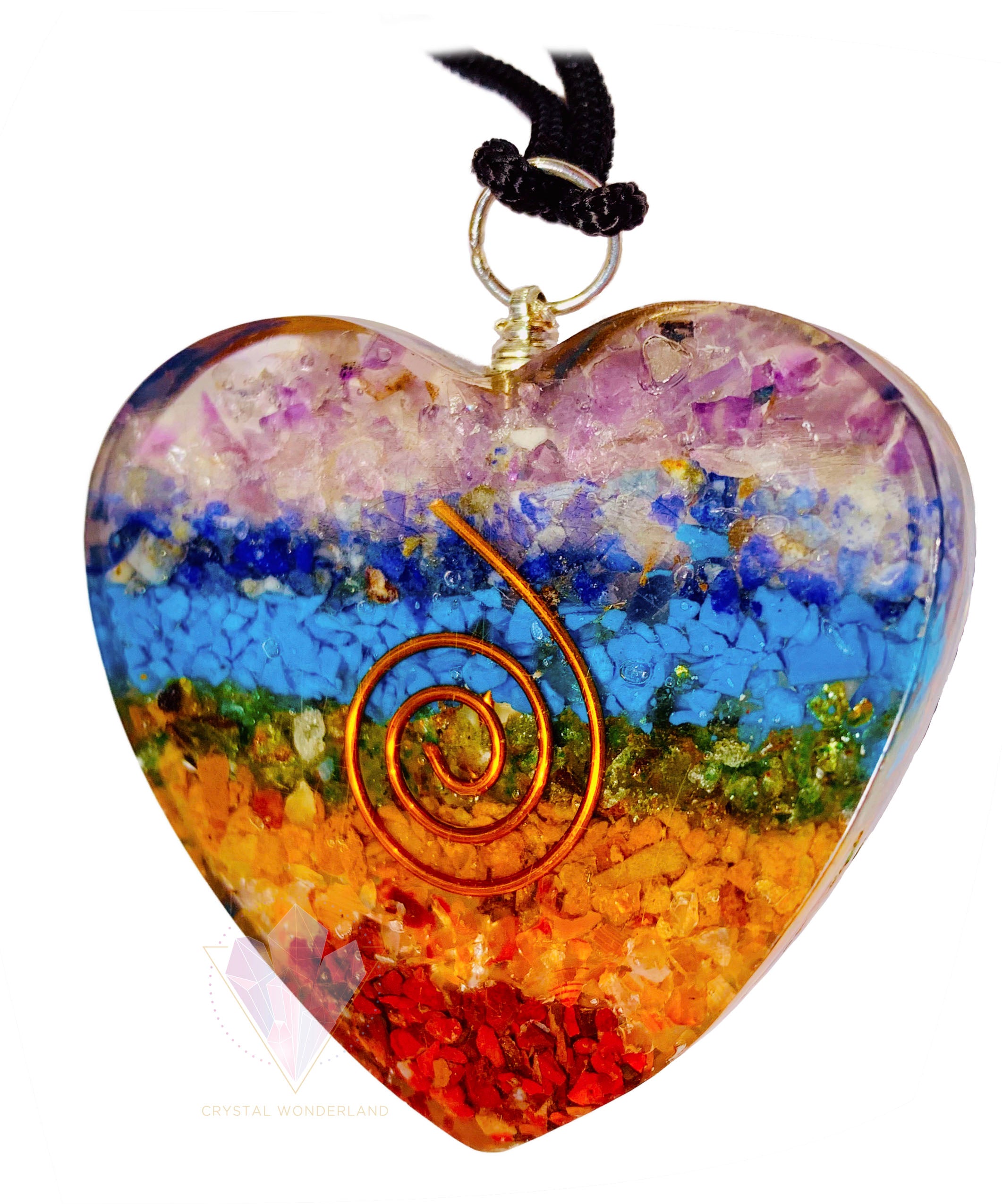 7 Chakras Necklace Orgonite Pendant Heart Shape Dual Copper Coil Big