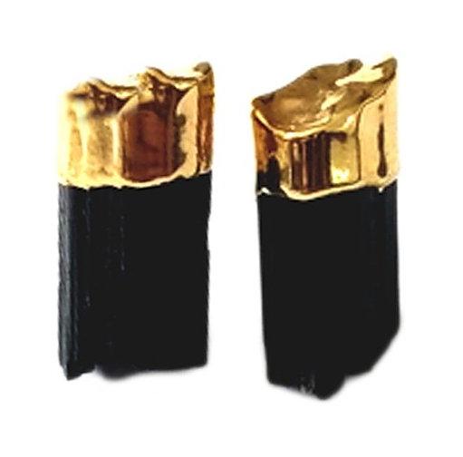 Black Tourmaline Point Earring Studs Gold