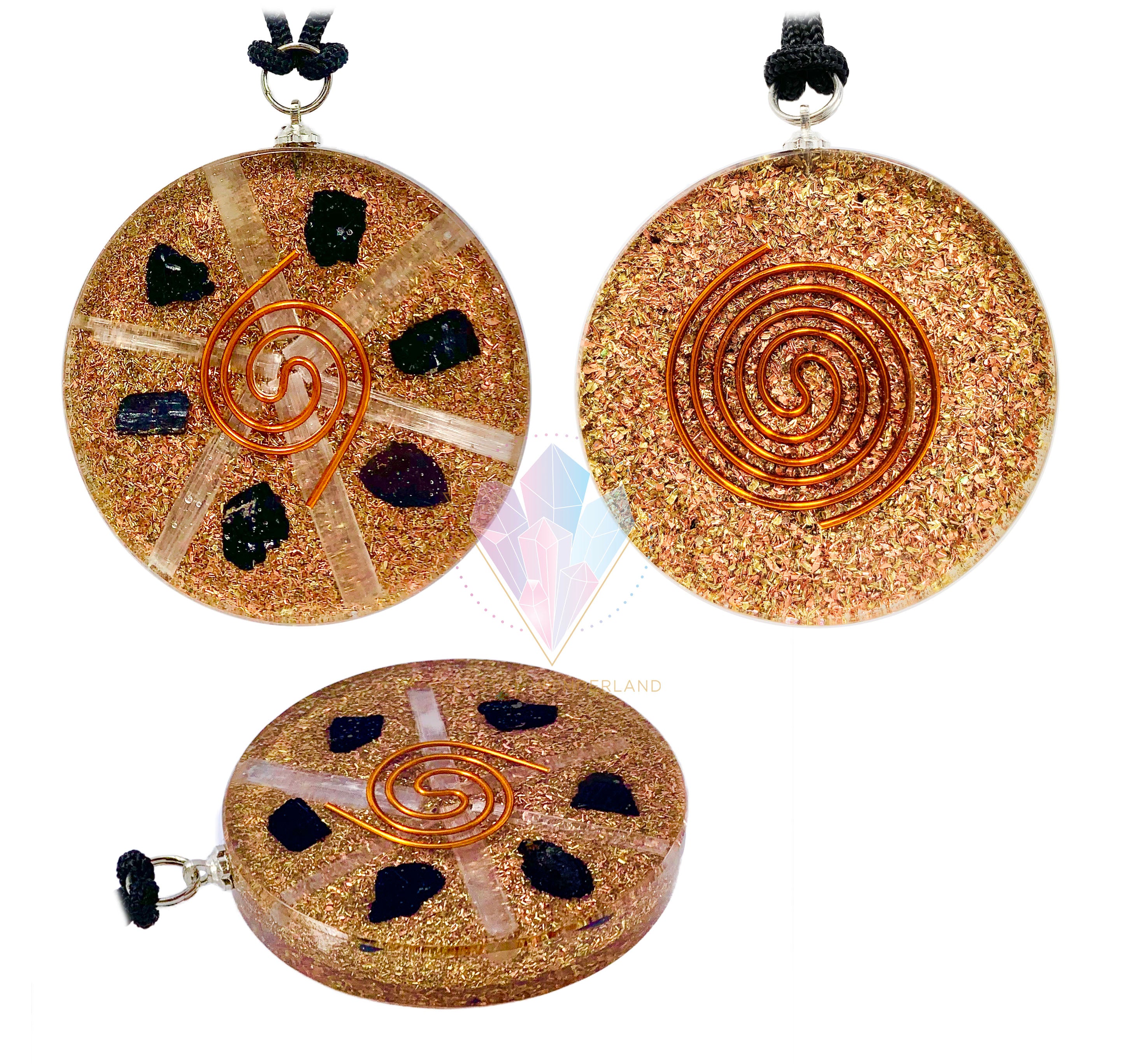 Black Tourmaline Selenite Grid Orgonite Copper Coil Pendant