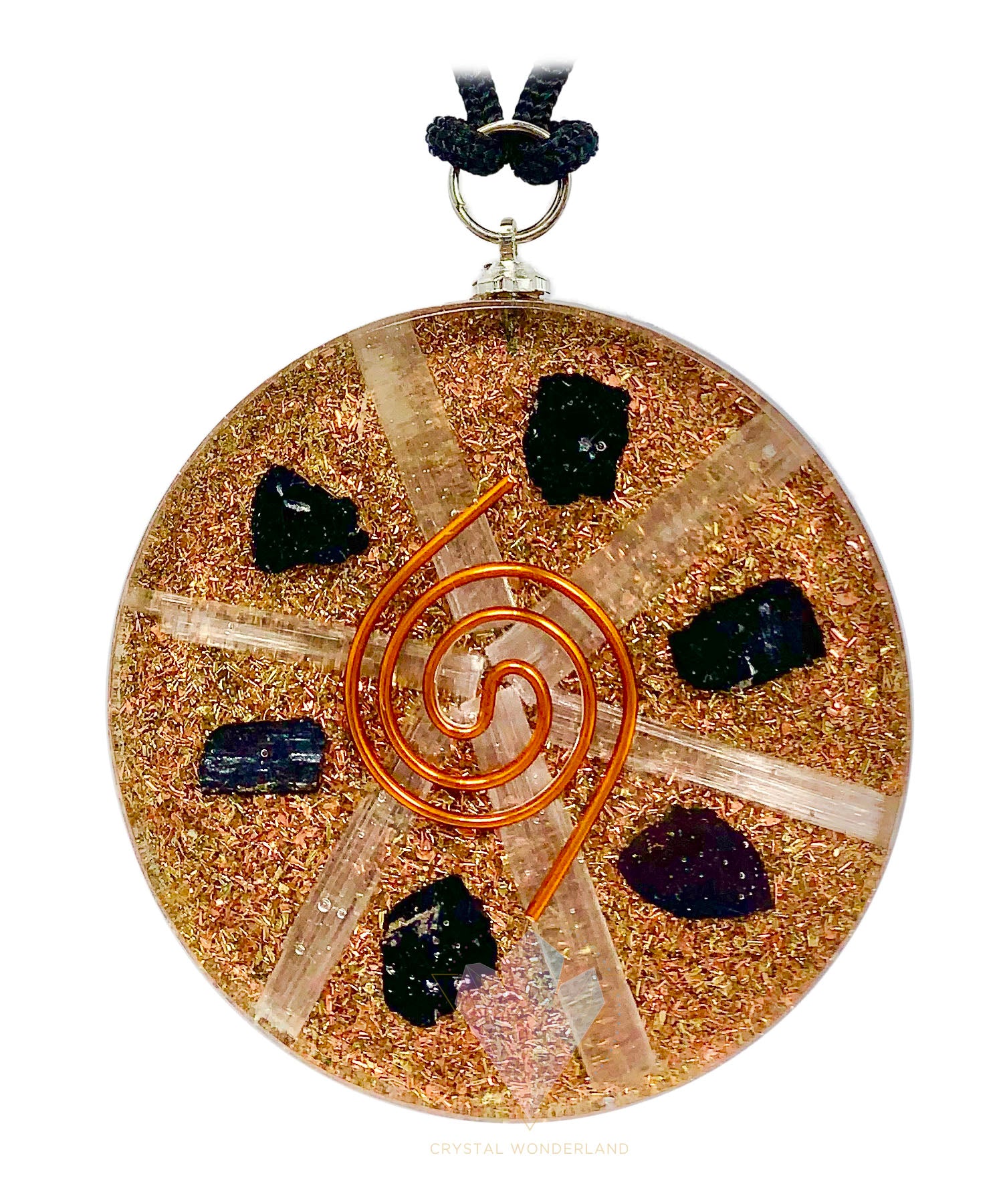 Black Tourmaline Selenite Grid Orgonite Copper Coil Pendant