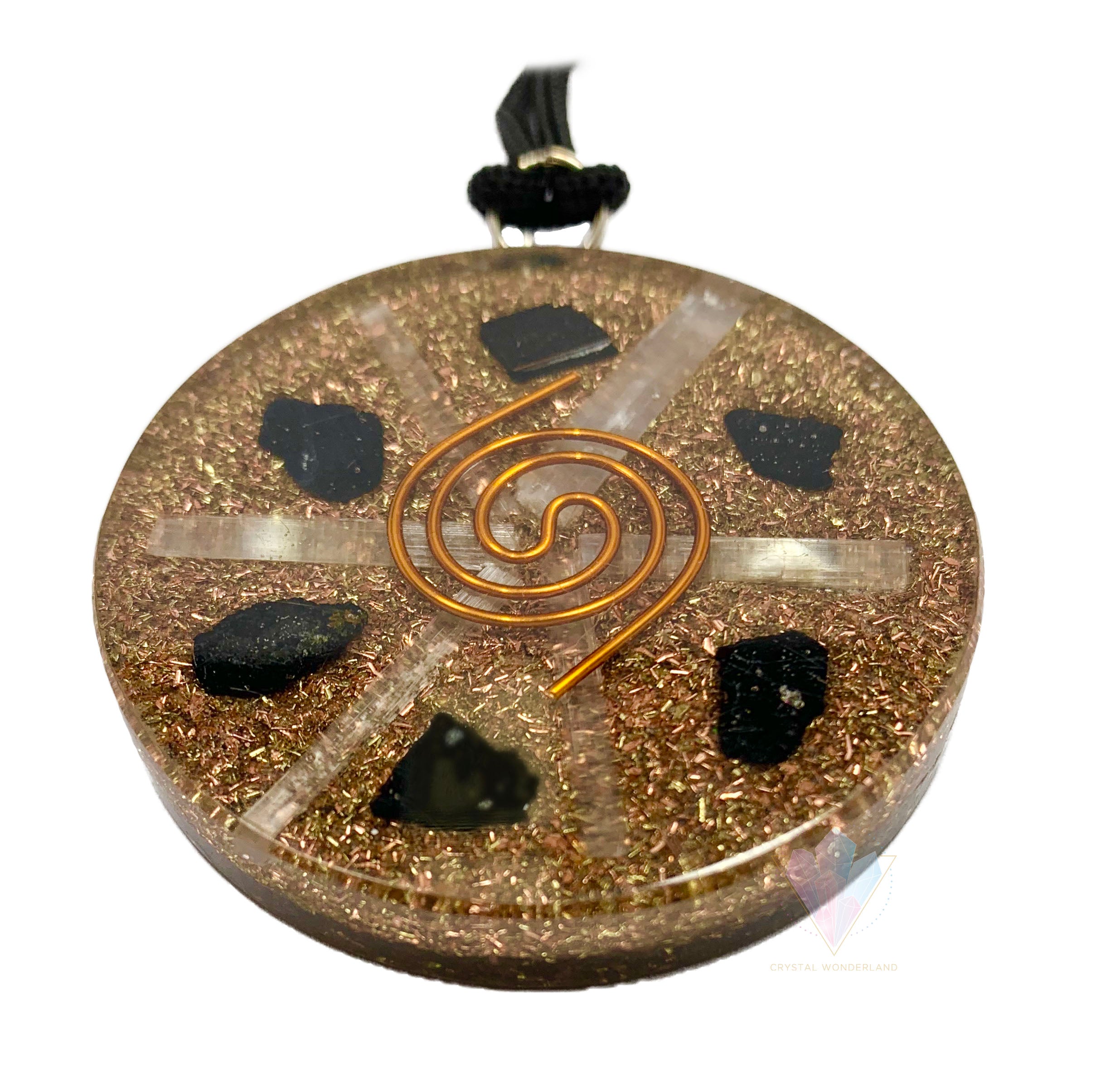 Black Tourmaline Selenite Grid Orgonite Copper Coil Pendant