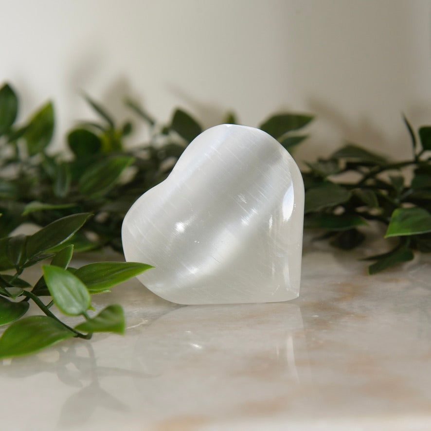 Selenite Heart Crystal Palm Stone 8cm