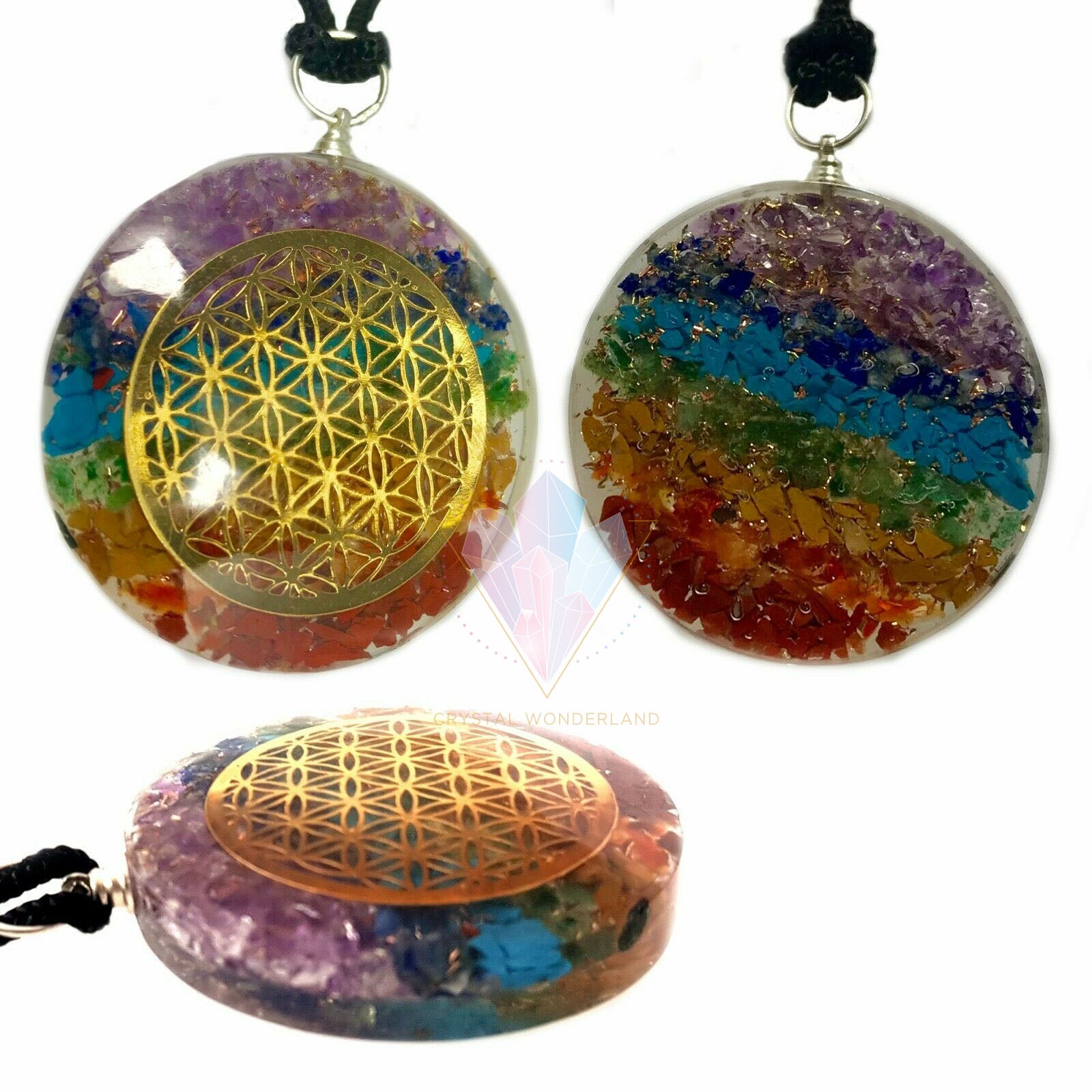 7 Chakras Flower of Life Orgonite Necklace Pendant Adjustable Cord