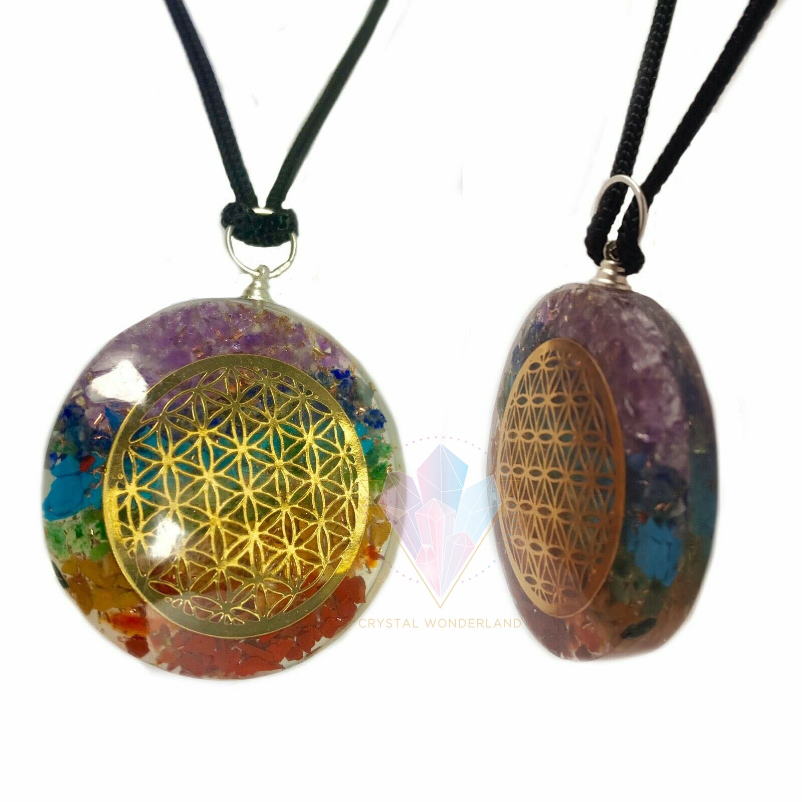 7 Chakras Flower of Life Orgonite Necklace Pendant Adjustable Cord