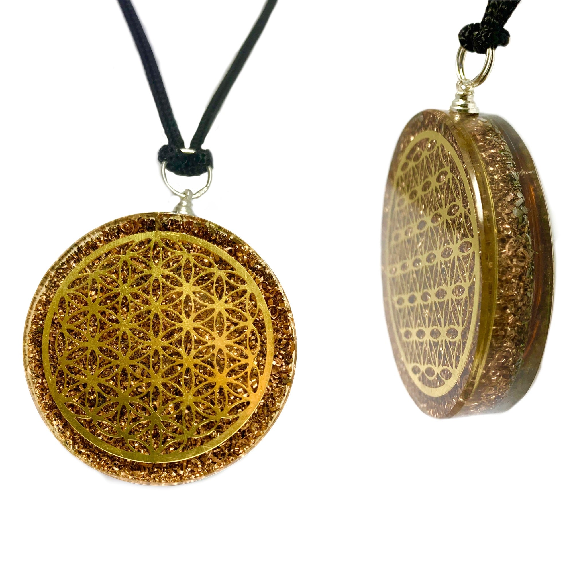 Flower of Life Copper Coil with Back Tourmaline Chips Necklace Pendant