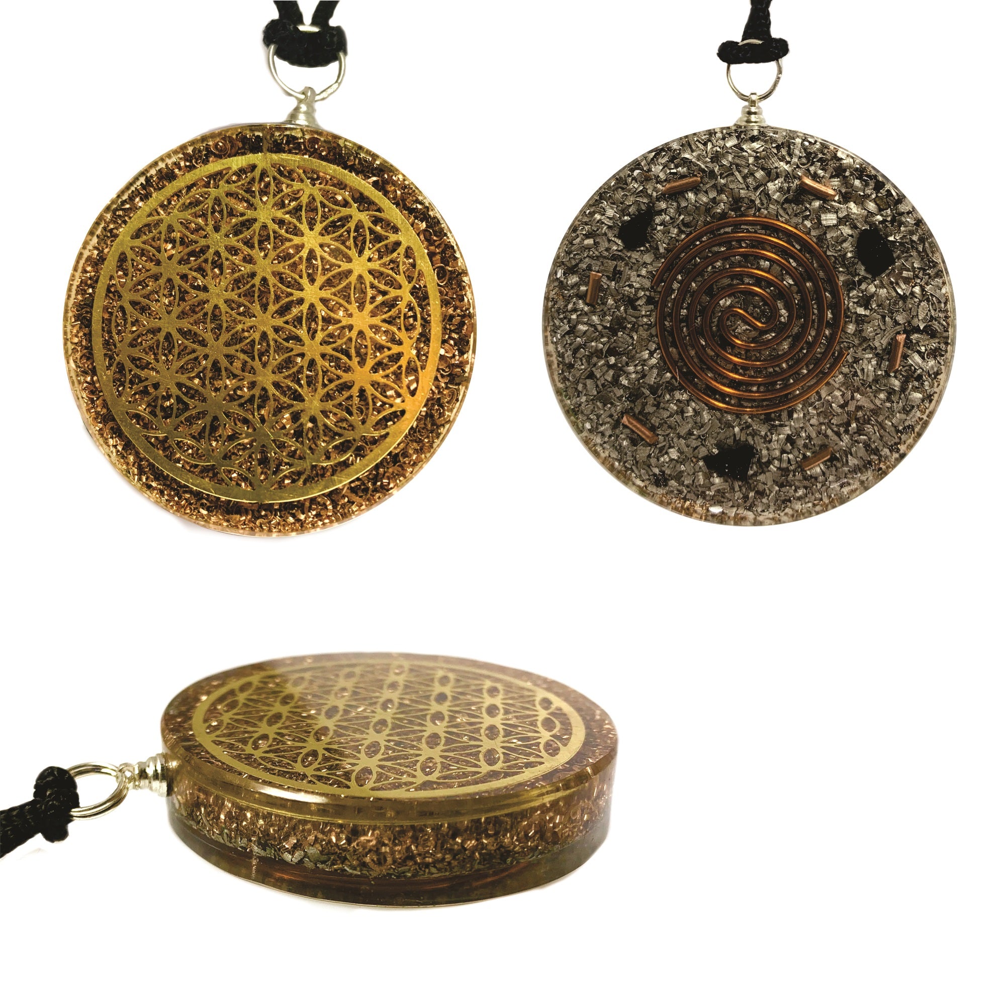 Flower of Life Copper Coil with Back Tourmaline Chips Necklace Pendant