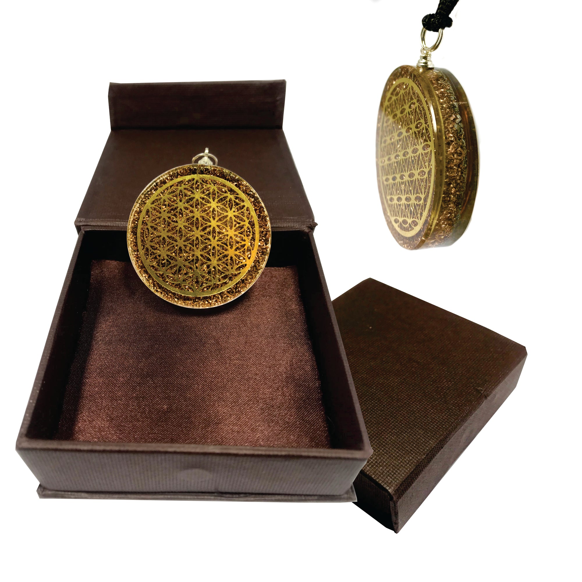 Flower of Life Copper Coil with Back Tourmaline Chips Necklace Pendant