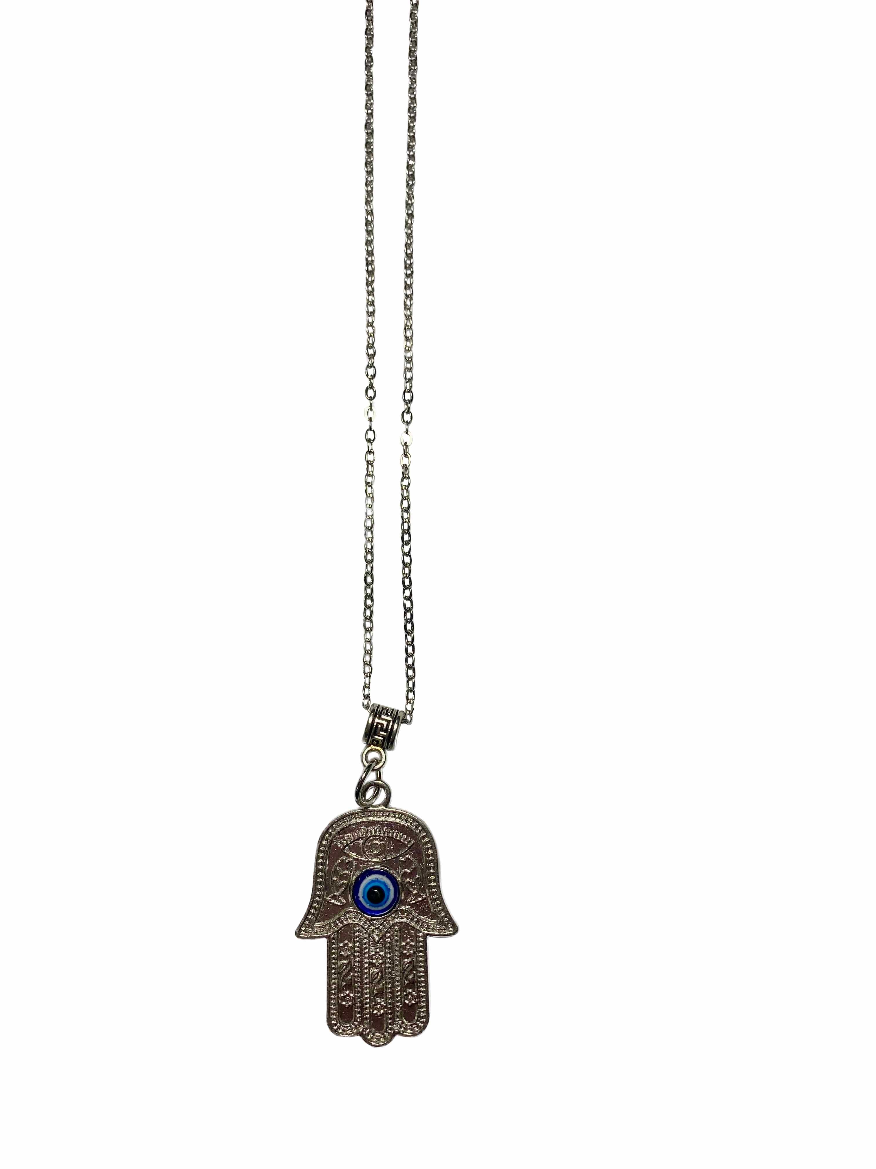 Hamsa Hand and Evil Eye Pendant Necklace Silver Lucky Eye