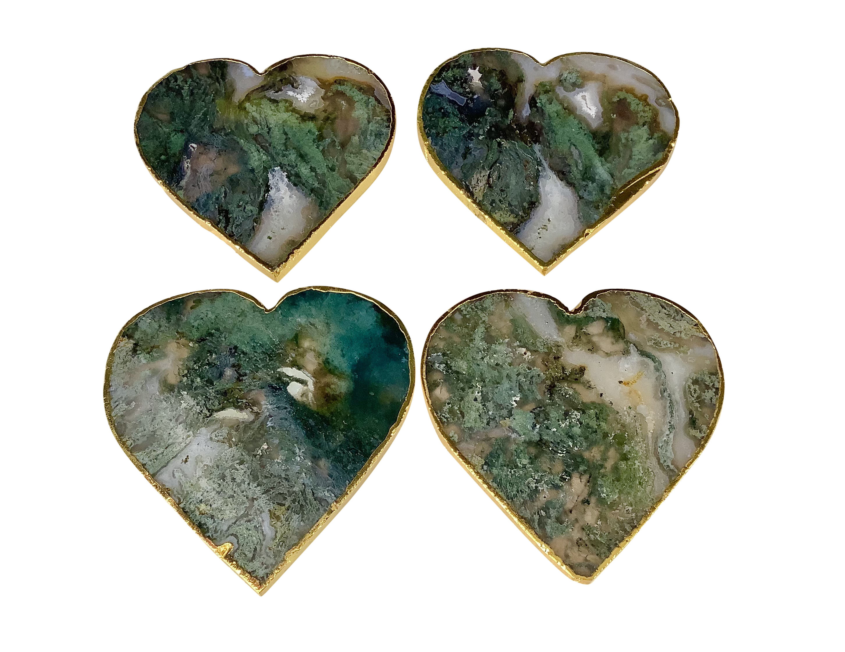 Moss Agate Crystal Coaster Heart Shaped 2 Pieces Gold