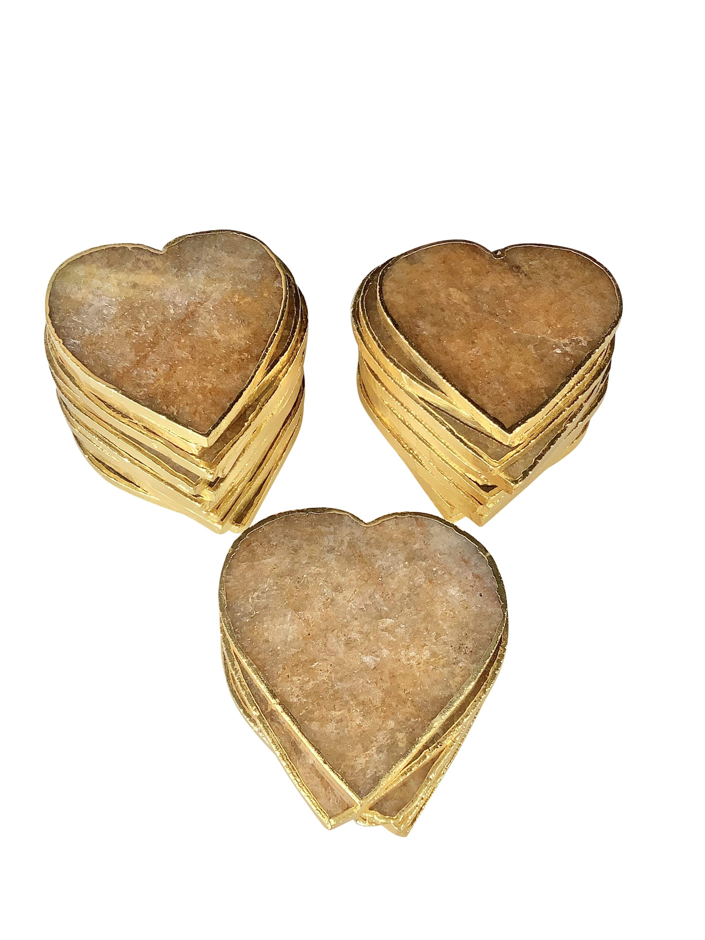 Golden Quartz Crystal Coaster Heart Shaped 2 Pieces Gold