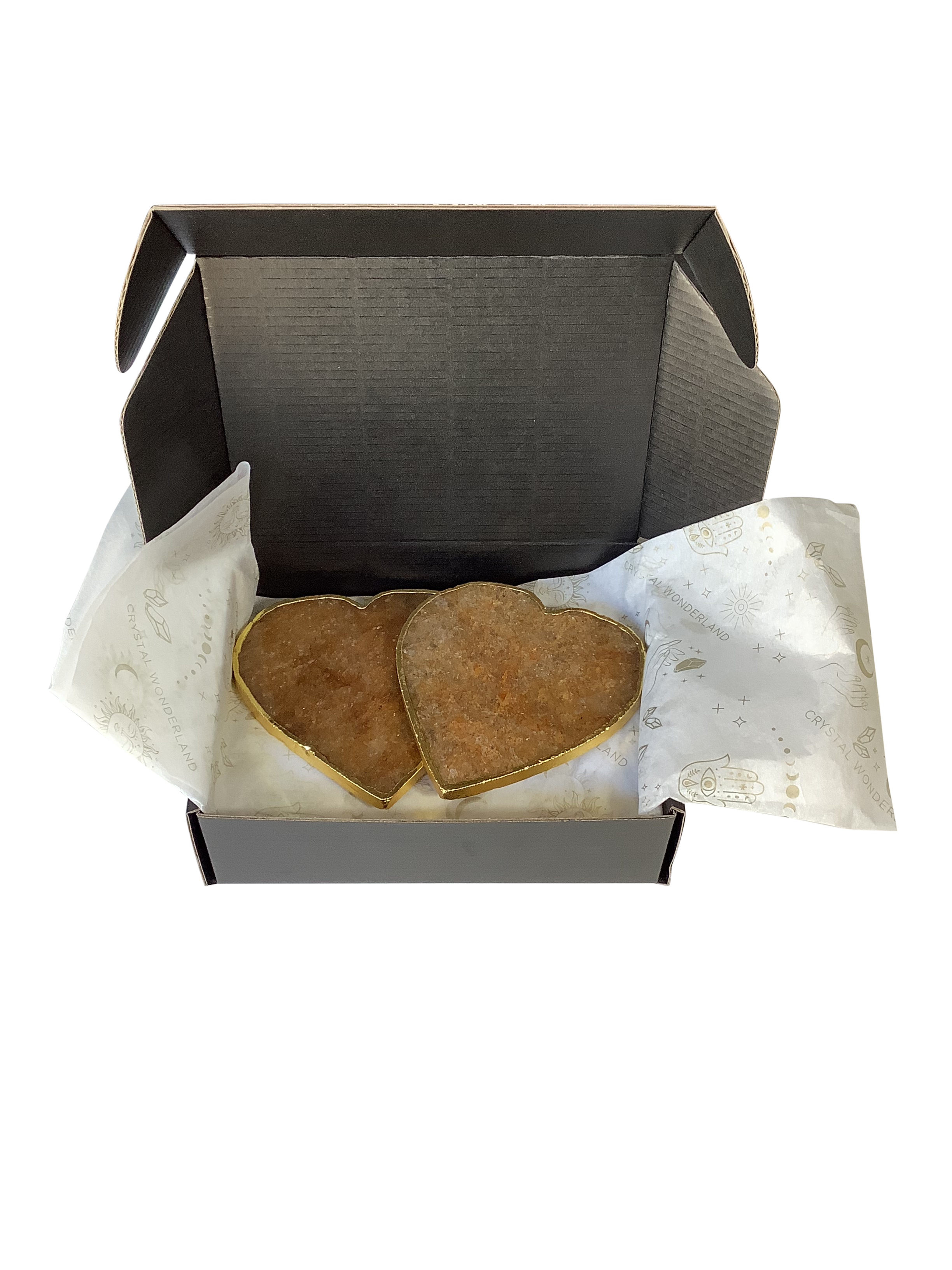 Golden Quartz Crystal Coaster Heart Shaped 2 Pieces Gold