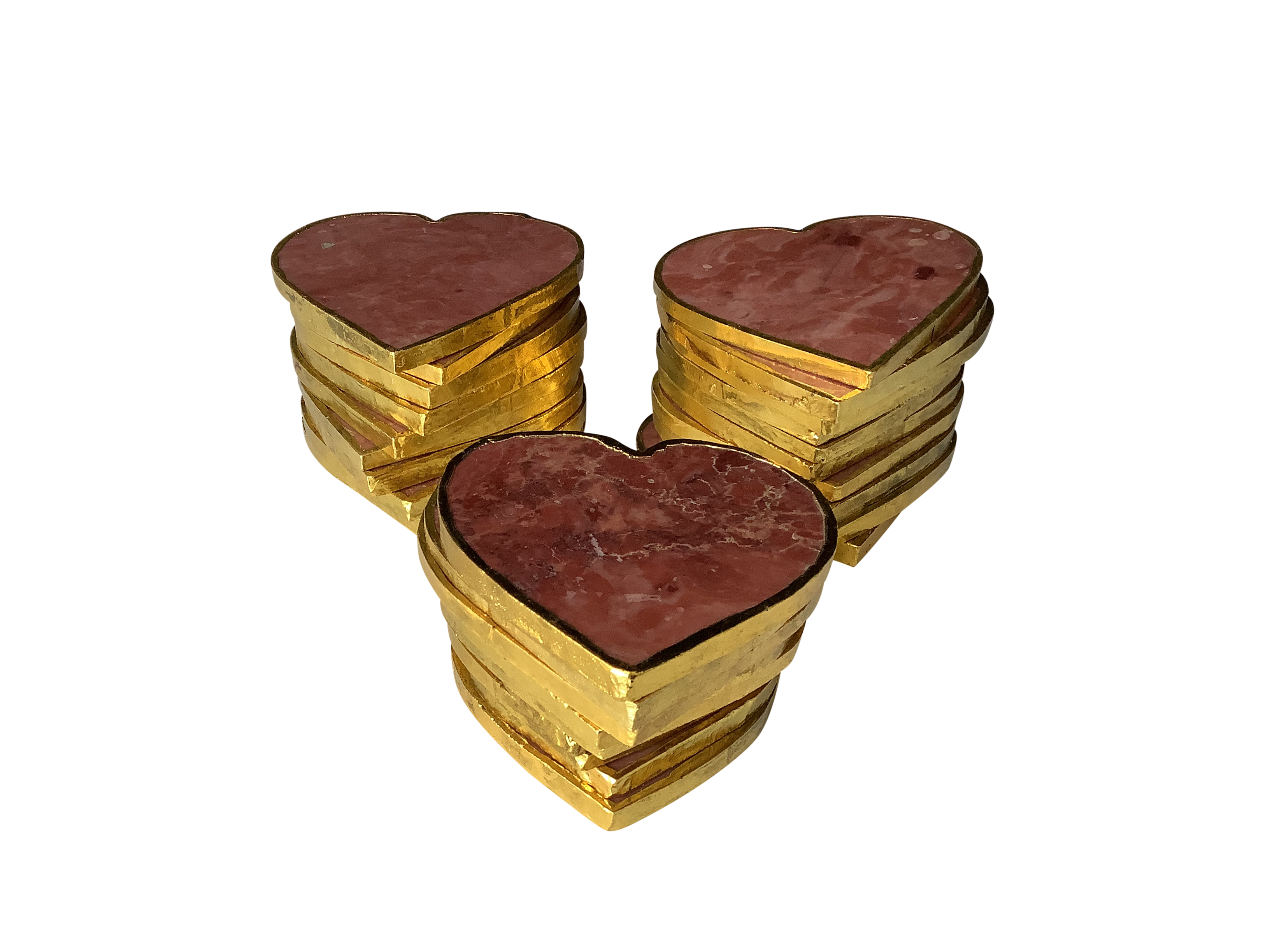 Red Agate Crystal Coaster Heart Shaped 2PC Gold