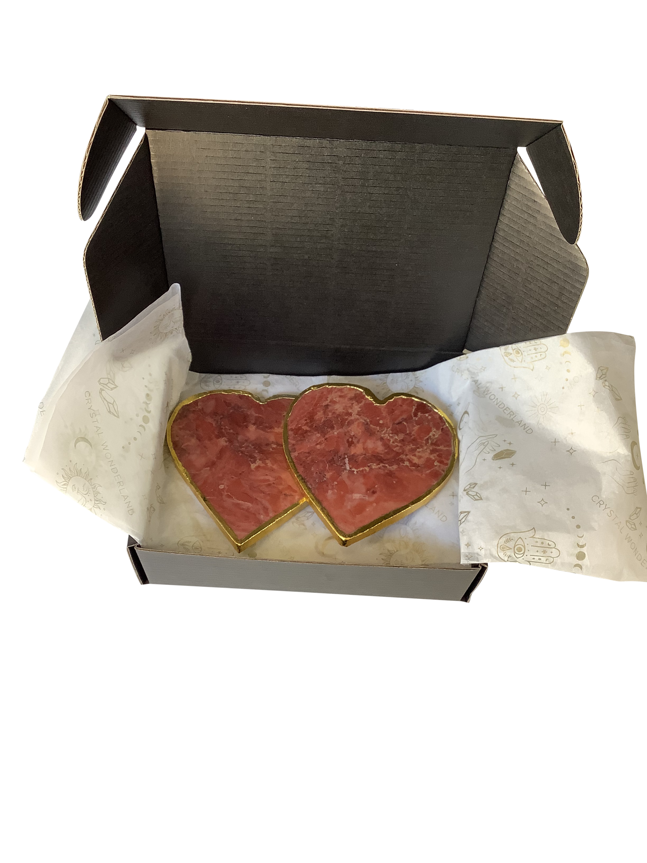 Red Agate Crystal Coaster Heart Shaped 2PC Gold