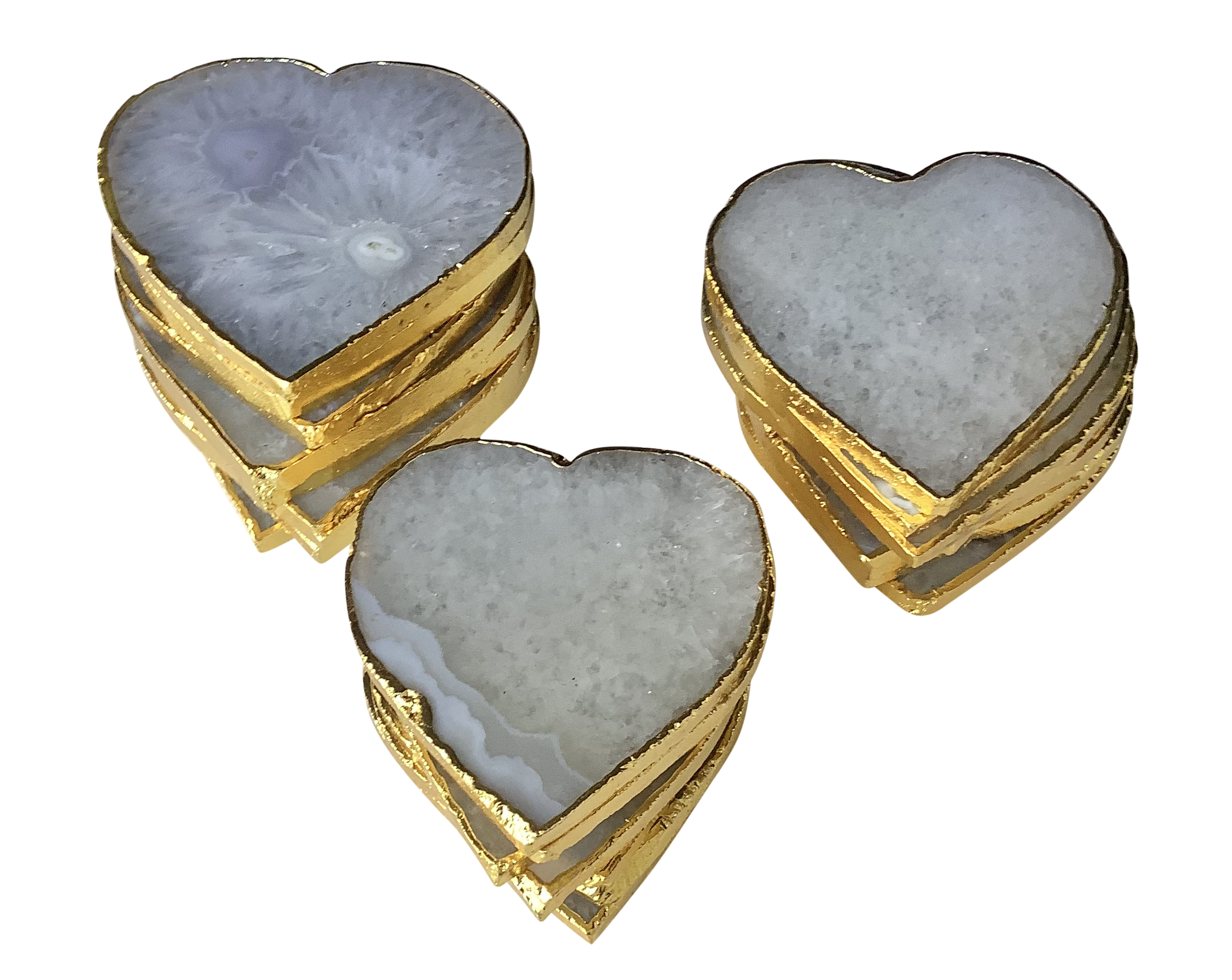 White Quartz Crystal Coaster Heart Shaped 4 Pieces Gold