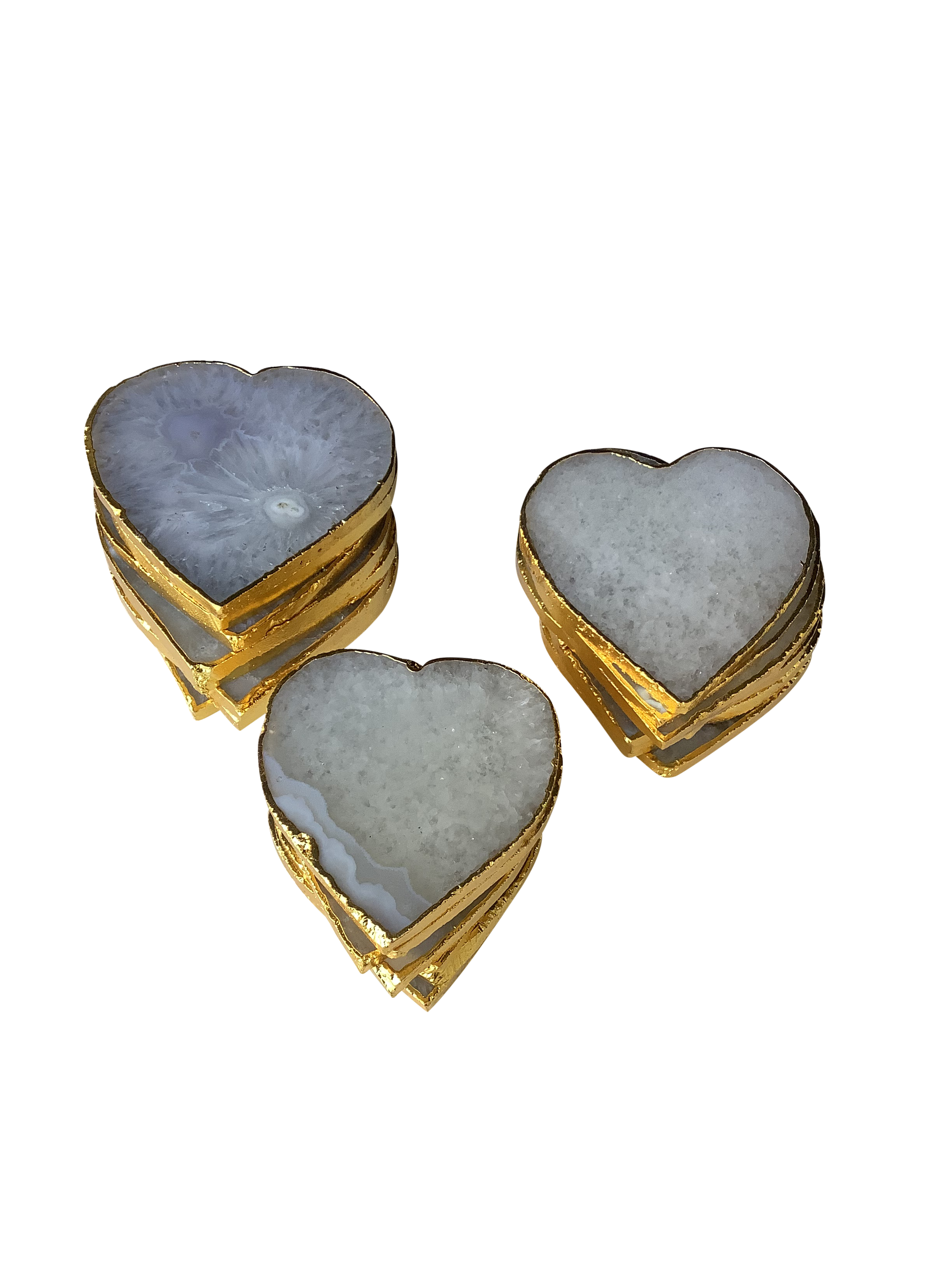 White Quartz  Crystal Coaster Heart Shaped 2 Pieces Gold