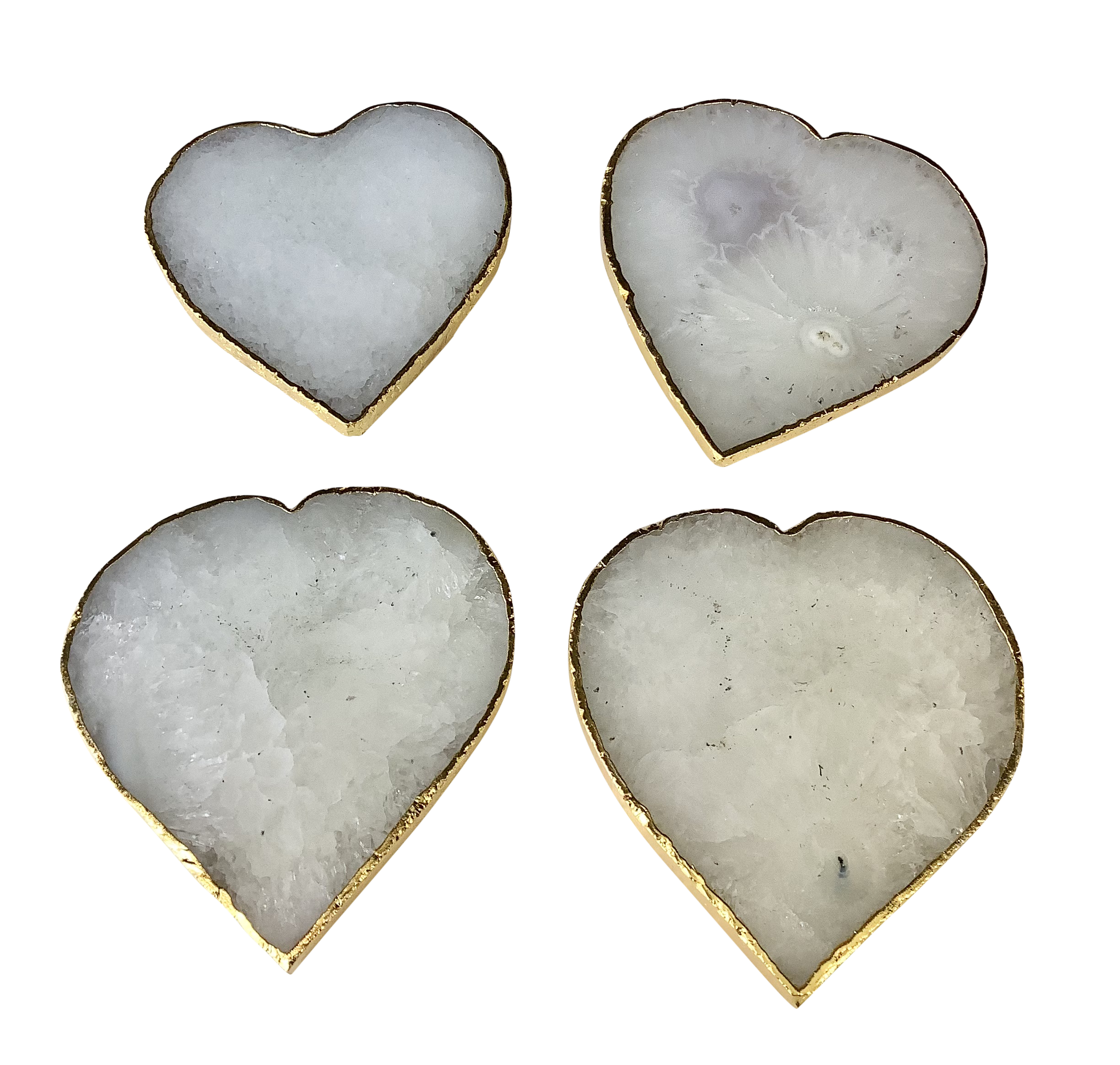 White Quartz  Crystal Coaster Heart Shaped 2 Pieces Gold