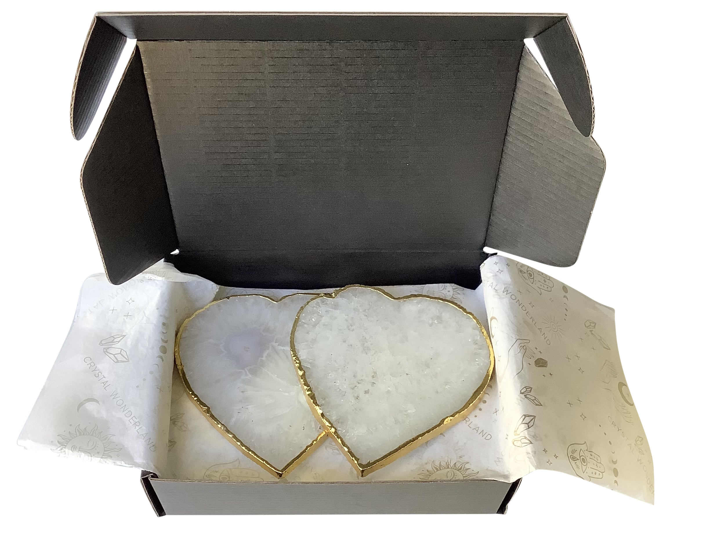 White Quartz Crystal Coaster Heart Shaped 4 Pieces Gold
