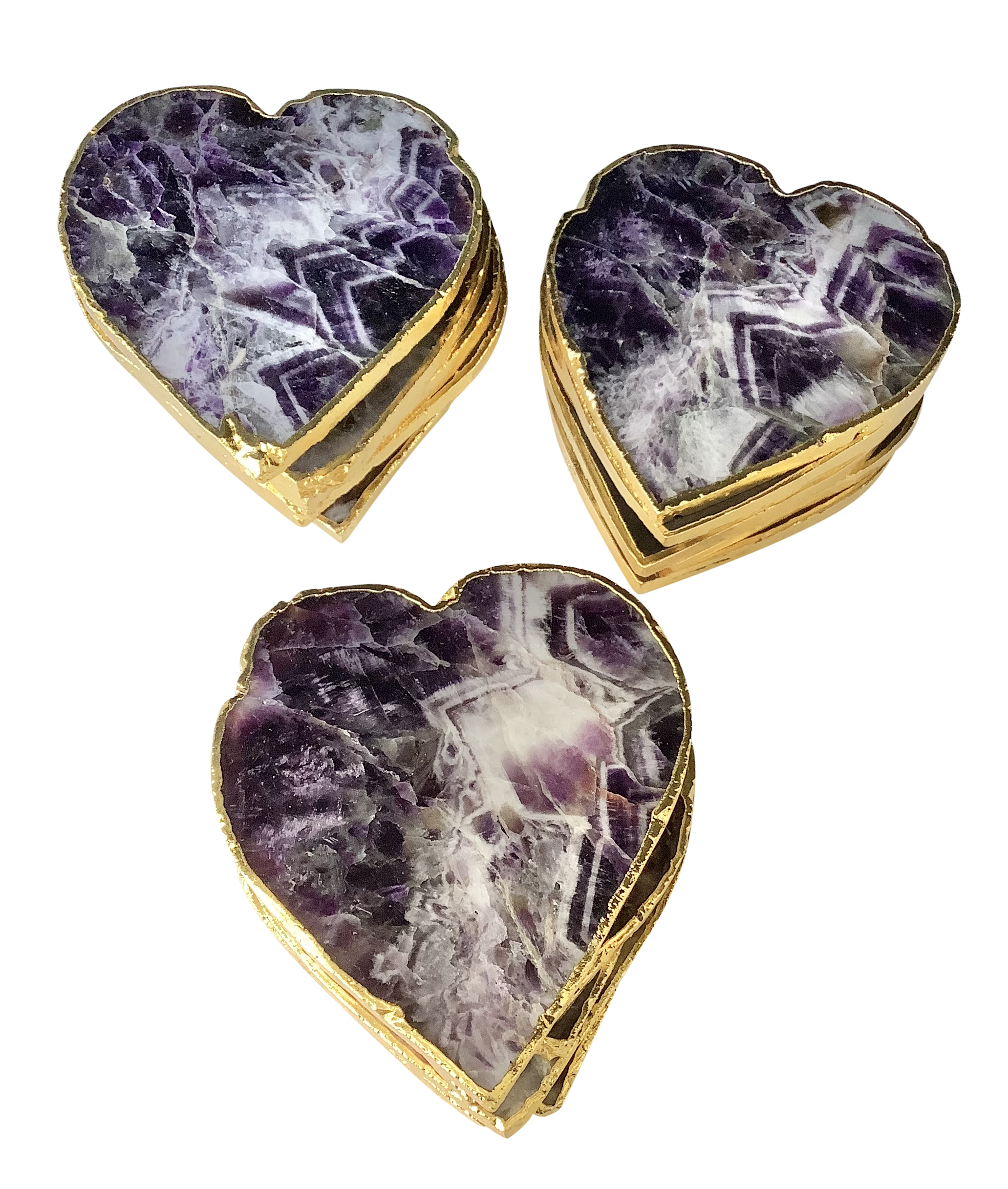 Amethyst Crystal Coaster Heart Shaped 2 Pieces Gold