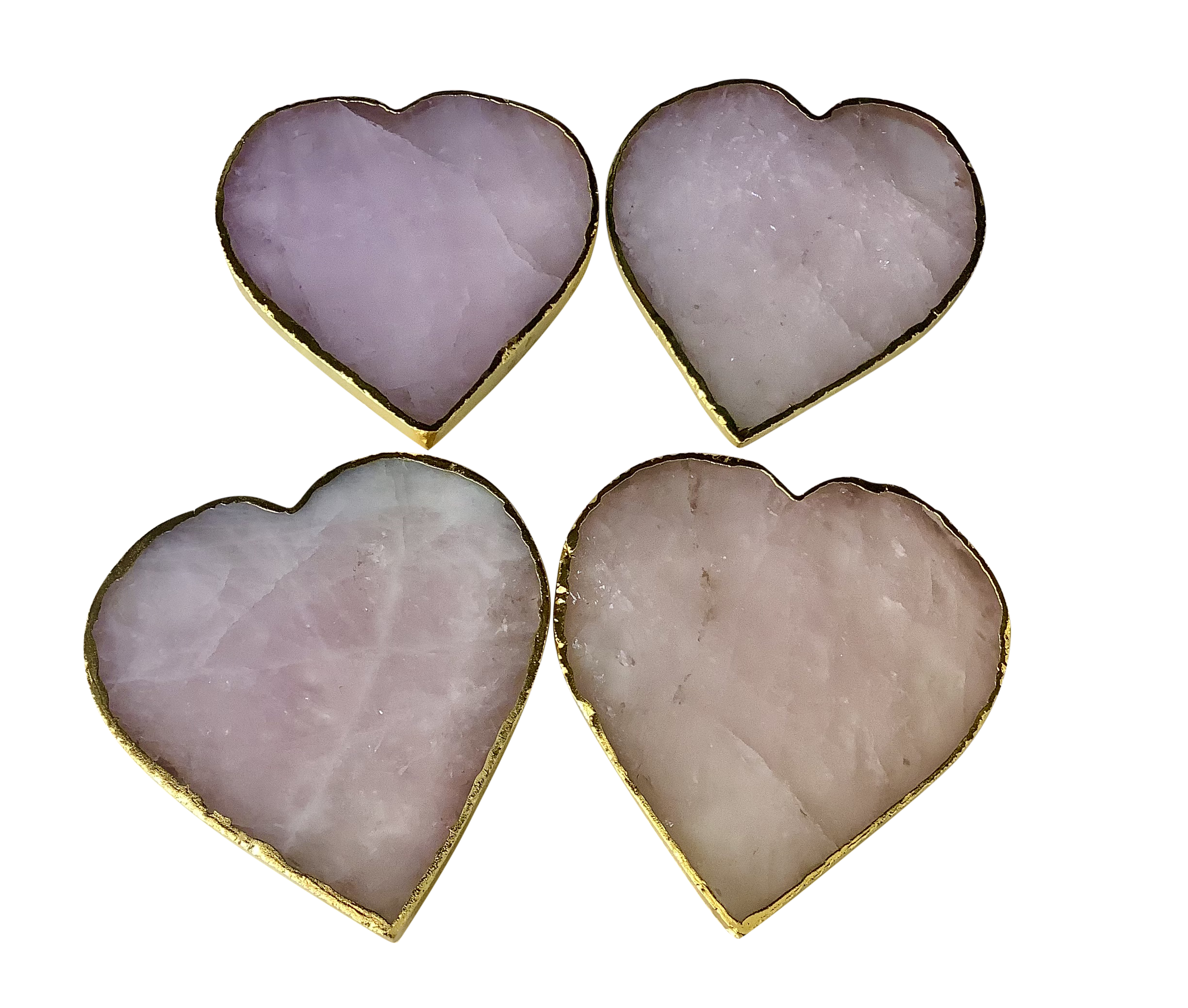 Rose Quartz Crystal Coaster Heart Shaped Gold 4 Pieces
