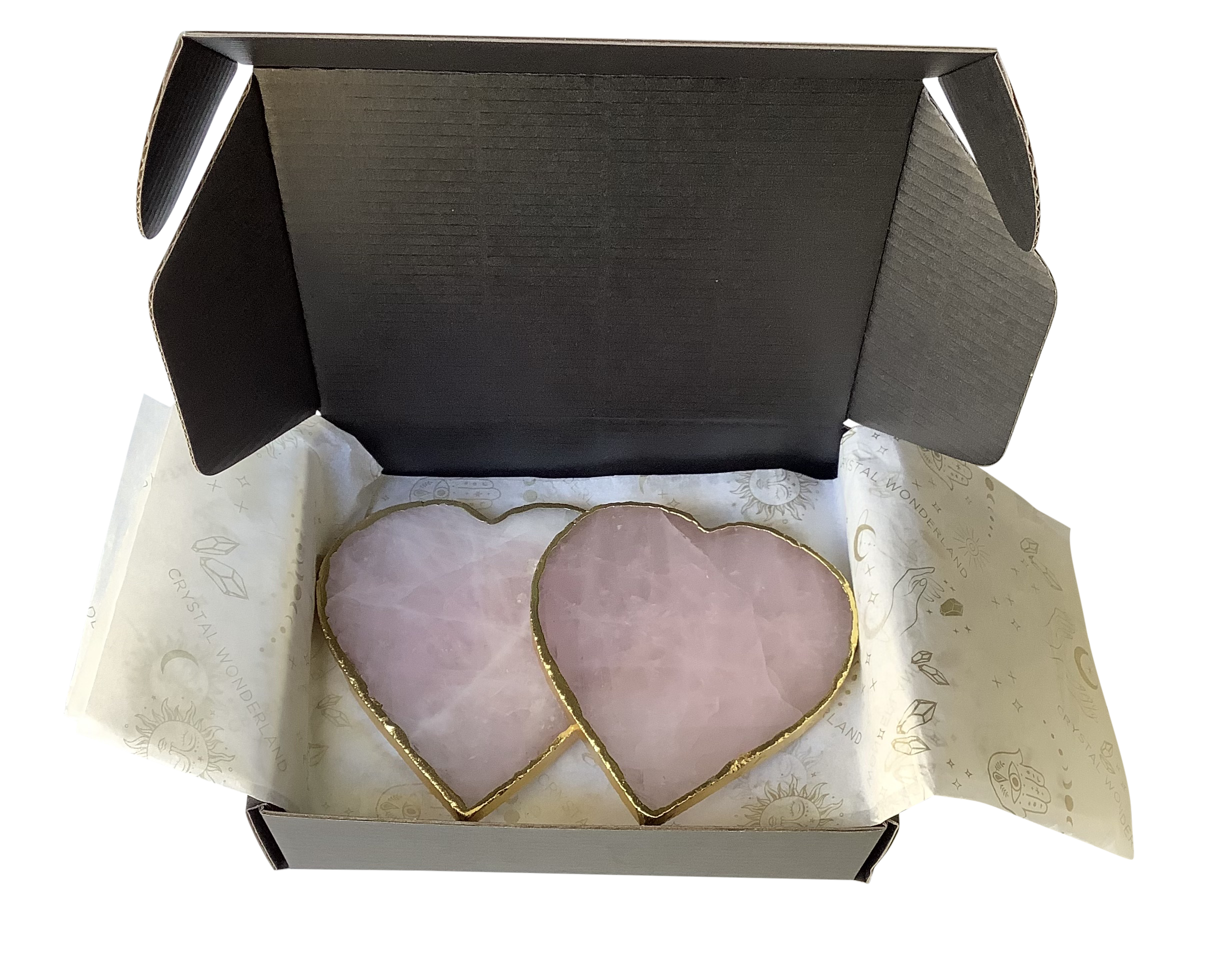 Rose Quartz Crystal Coaster Heart Shaped Gold 4 Pieces