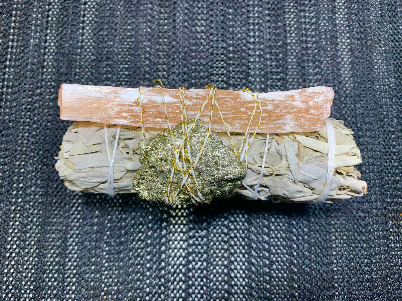 Combo White Sage Smudge Stick, Pyrite & Selenite Peach